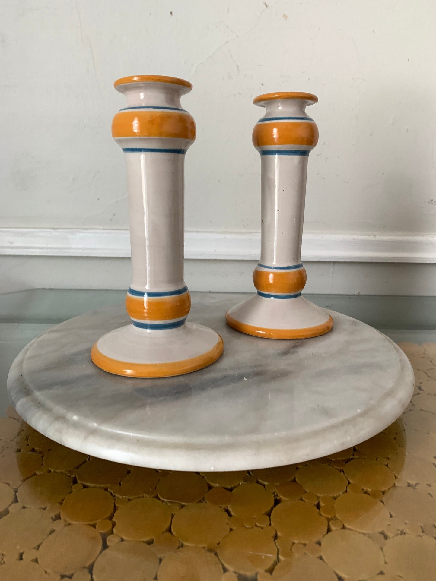 Pair of Hand Painted Ceramic Candlestick Holders with Yellow and Blue Stripes