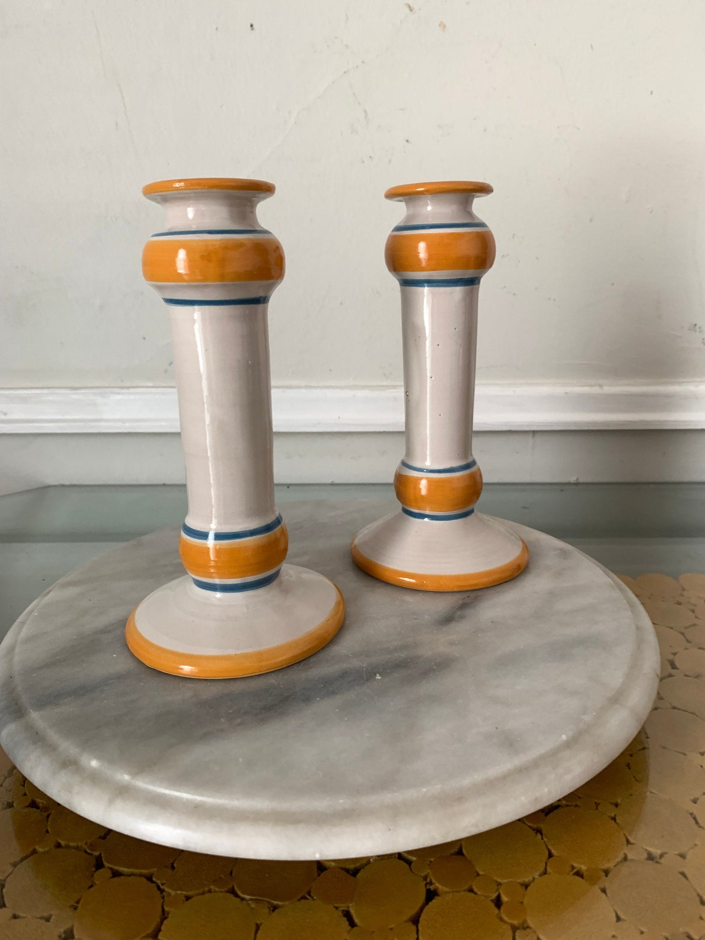 Pair of Hand Painted Ceramic Candlestick Holders with Yellow and Blue Stripes