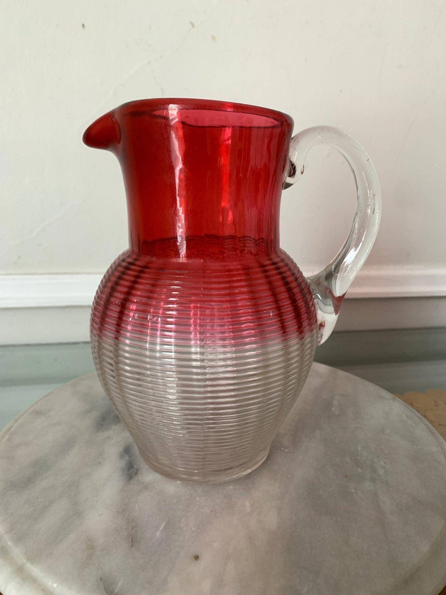 Vintage  Cranberry Glass Water Pitcher with Clear Horizontal Ribs