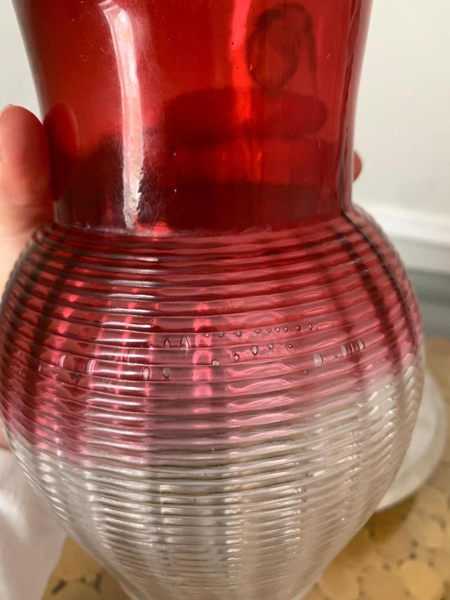 Vintage  Cranberry Glass Water Pitcher with Clear Horizontal Ribs