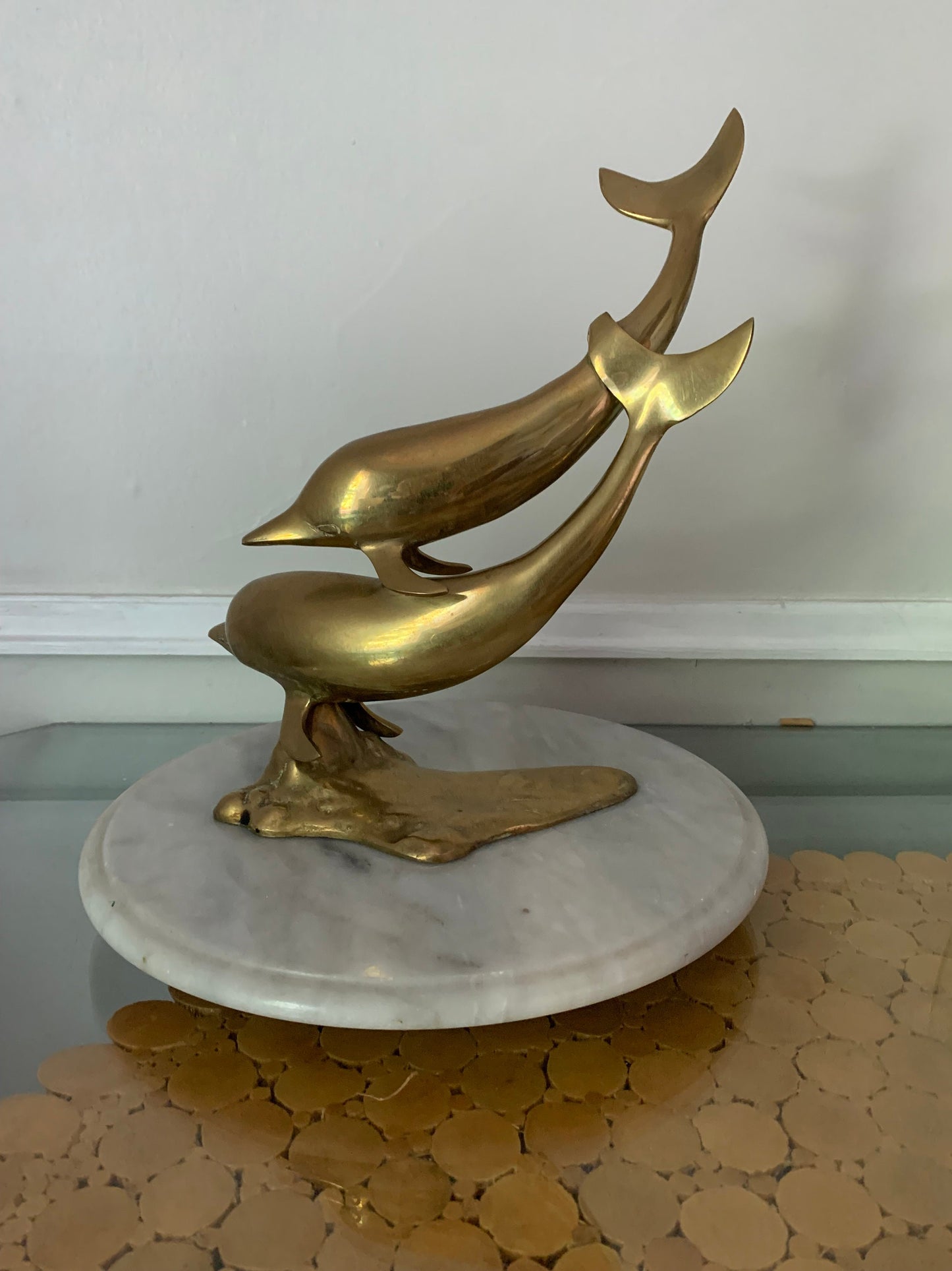 Large Vintage Pair of brass dolphins sculpture