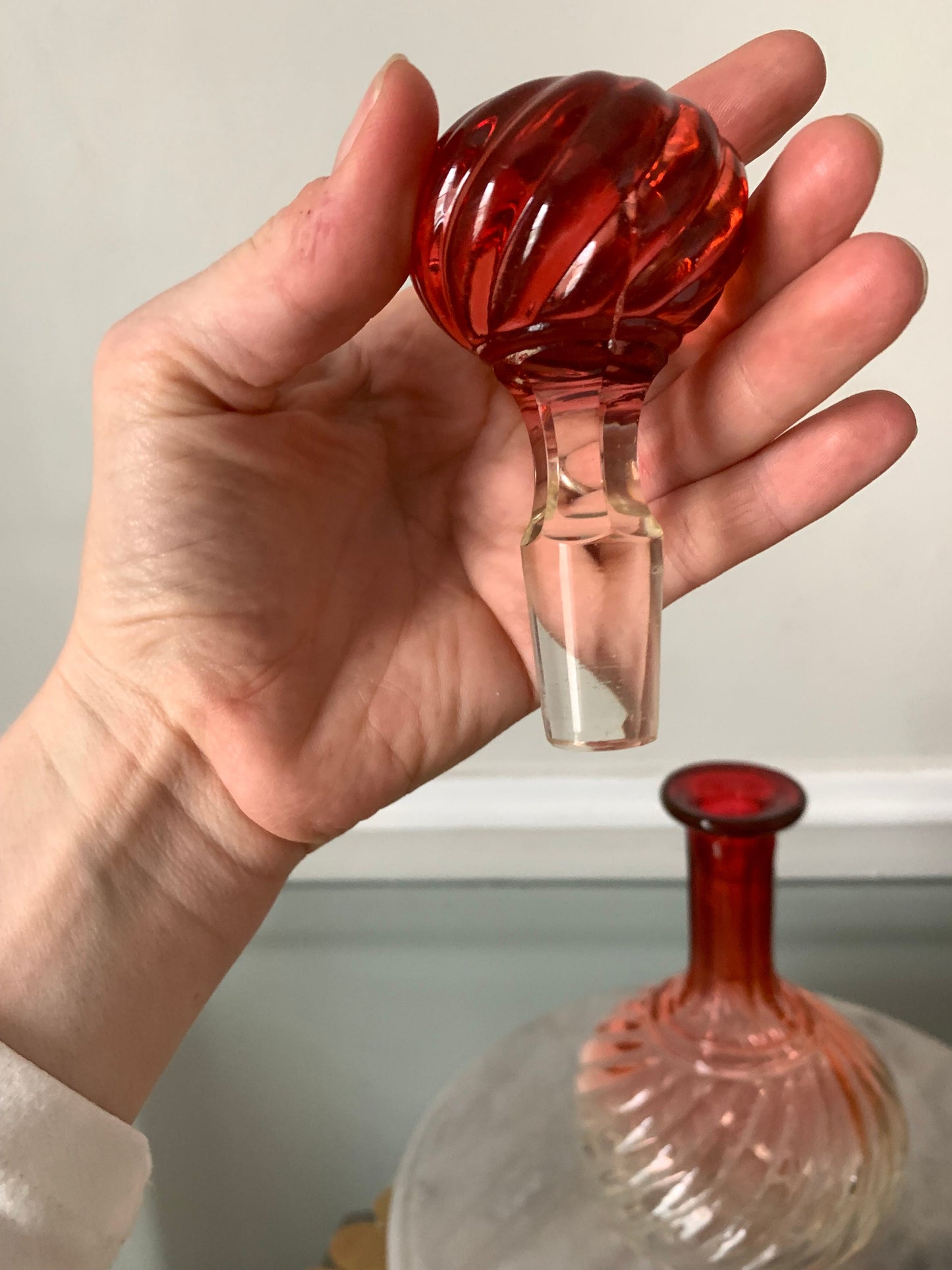 Antique French Ombre Rose Swirl Crystal Decanter with Stopper