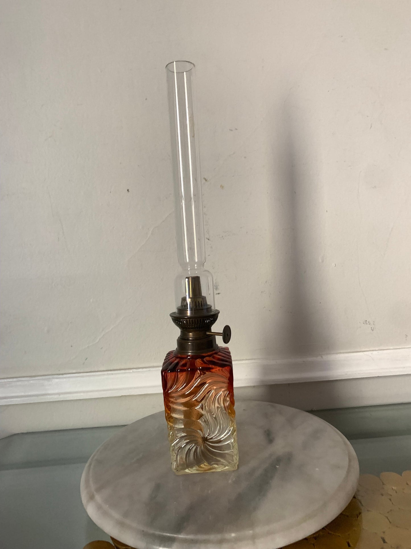 Antique French Ombre Rose Crystal Oil Kerosene Table Lamp in the Style of Baccarat with Tall Glass Lantern