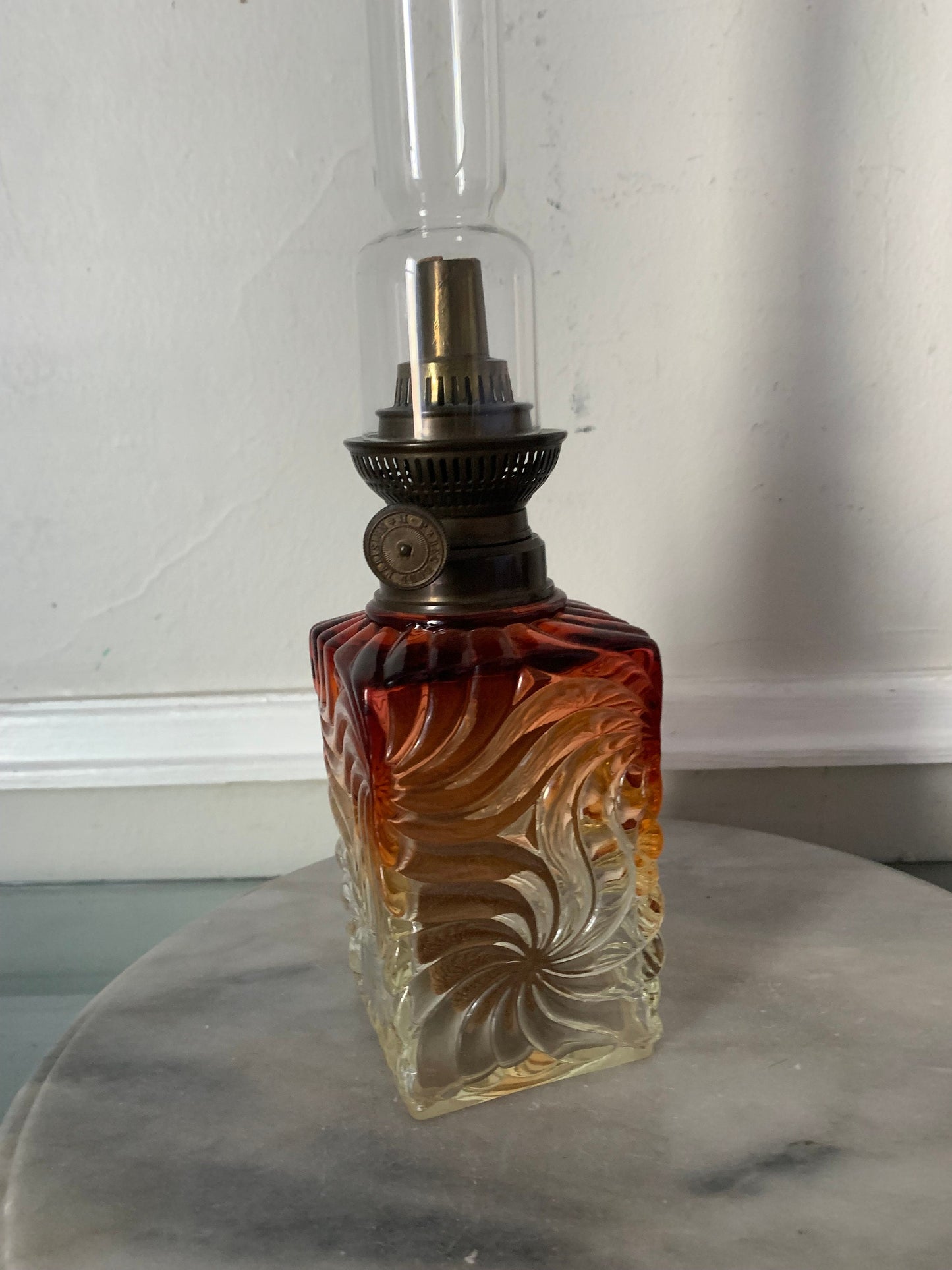 Antique French Ombre Rose Crystal Oil Kerosene Table Lamp in the Style of Baccarat with Tall Glass Lantern
