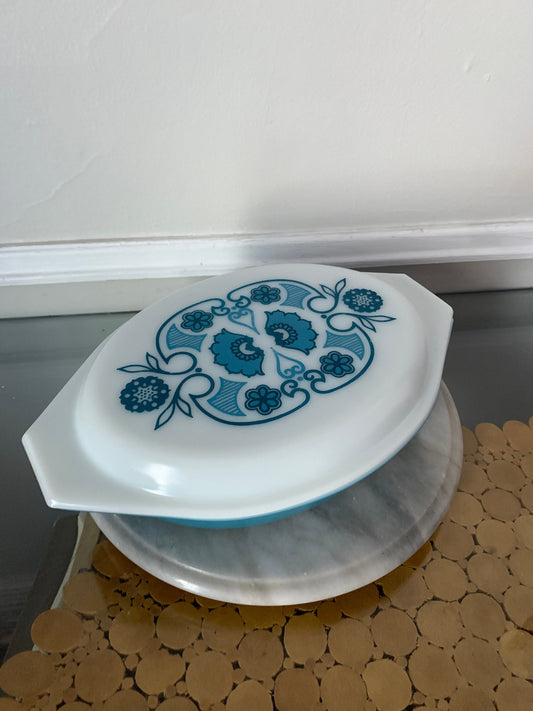 Vintage Pyrex Horizon Blue Divided Oval Casserole Dish With Lid Oven Proof Retro Decor