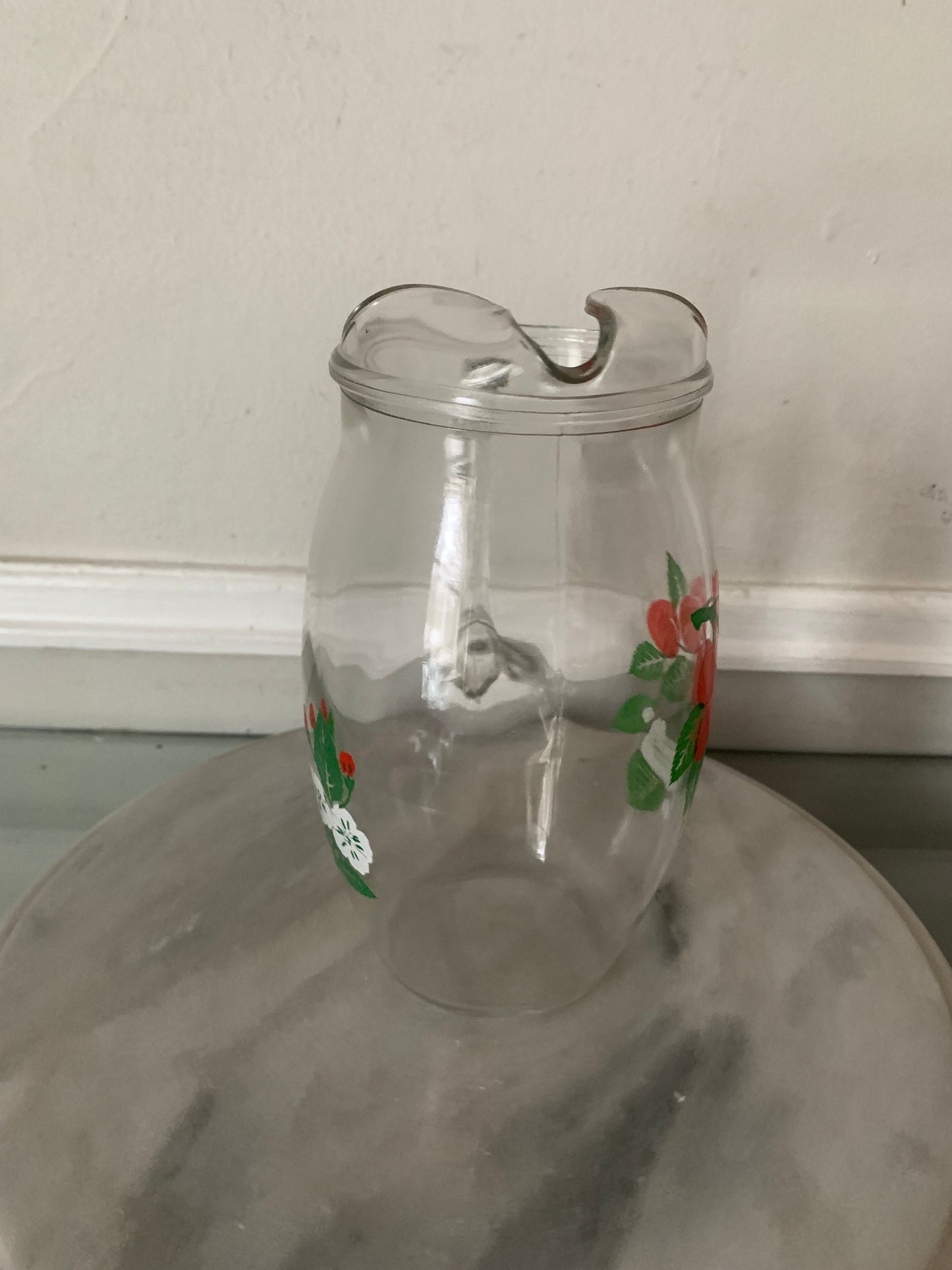Vintage Small Red Cherry Glass Pitcher with Handle