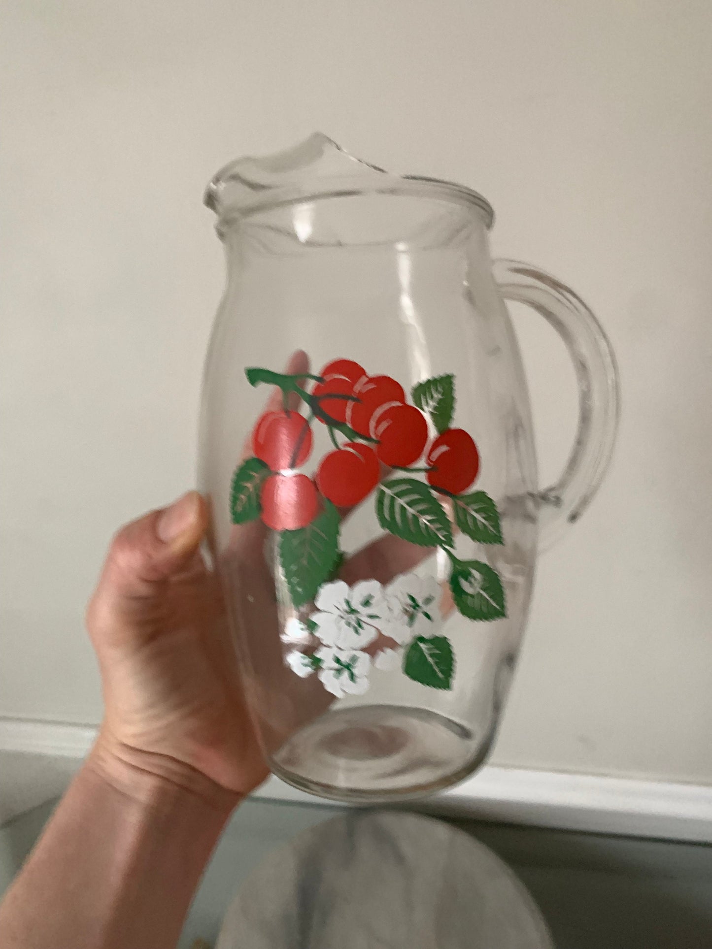 Vintage Small Red Cherry Glass Pitcher with Handle