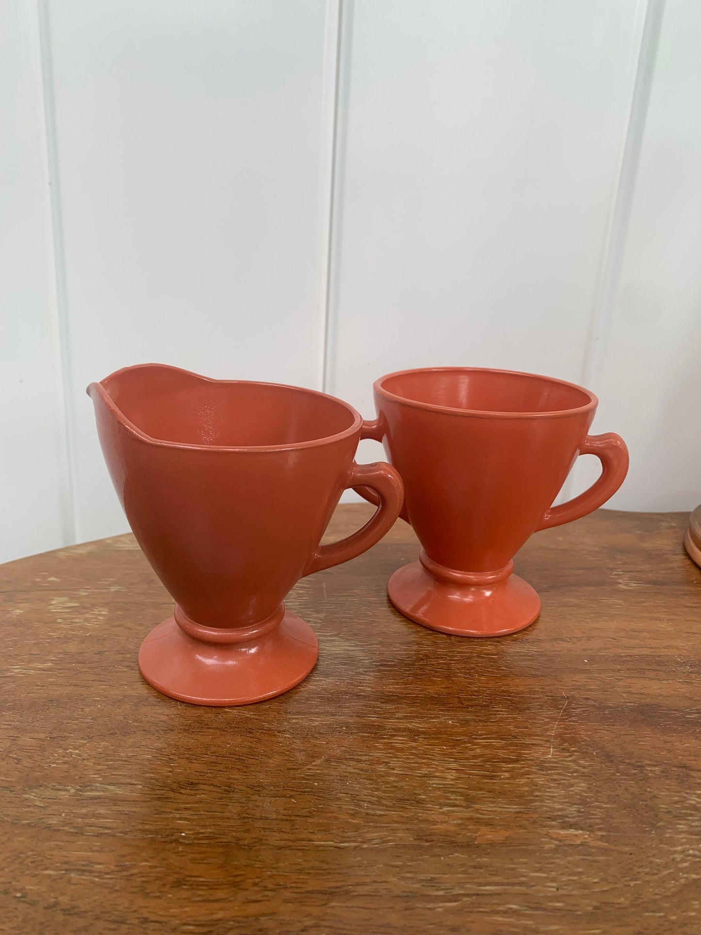 Vintage Hazel Atlas Ovide Pattern Platonite Burtn Orange Rust Moderntone Sugar and Cream Set