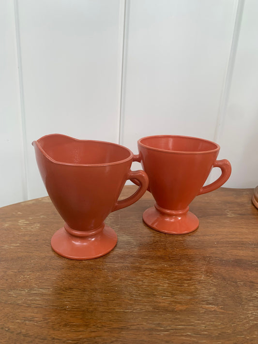 Vintage Hazel Atlas Ovide Pattern Platonite Burtn Orange Rust Moderntone Sugar and Cream Set