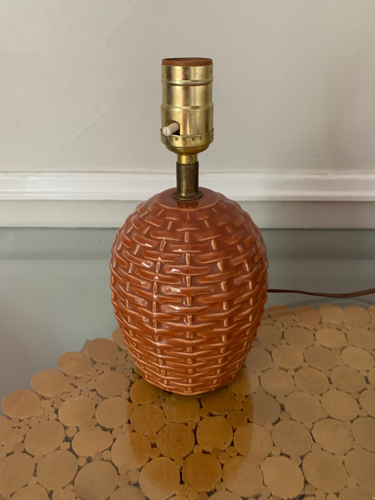 Vintage  Small Orangey Brown Ceramic Basketweave Lamp No Shade