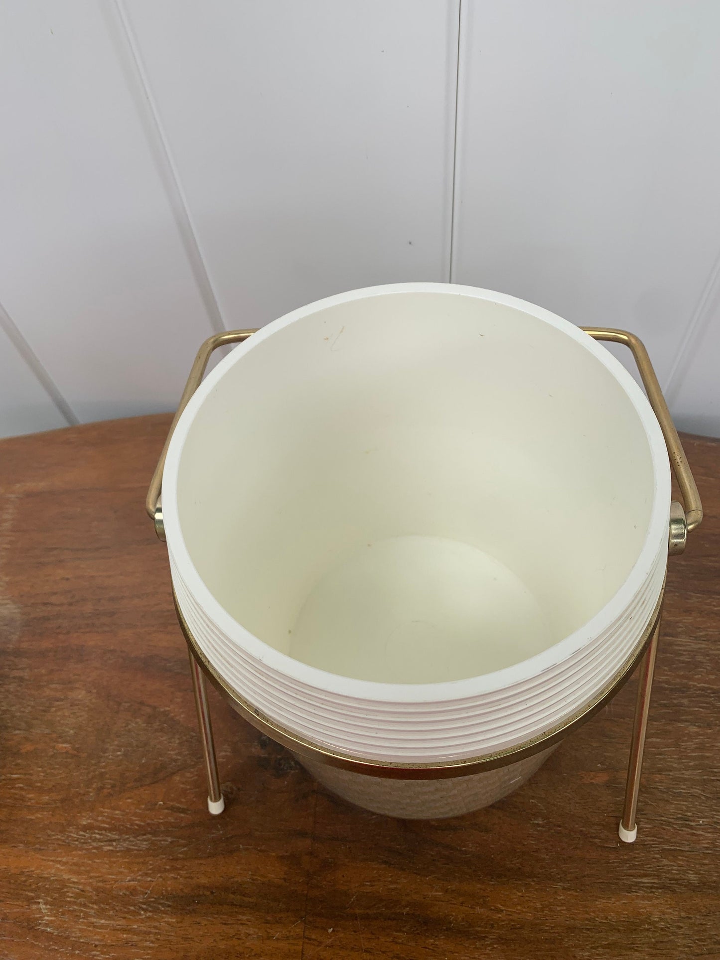 MCM White Woven Raffia Insulated Ice Bucket with Brass Stand