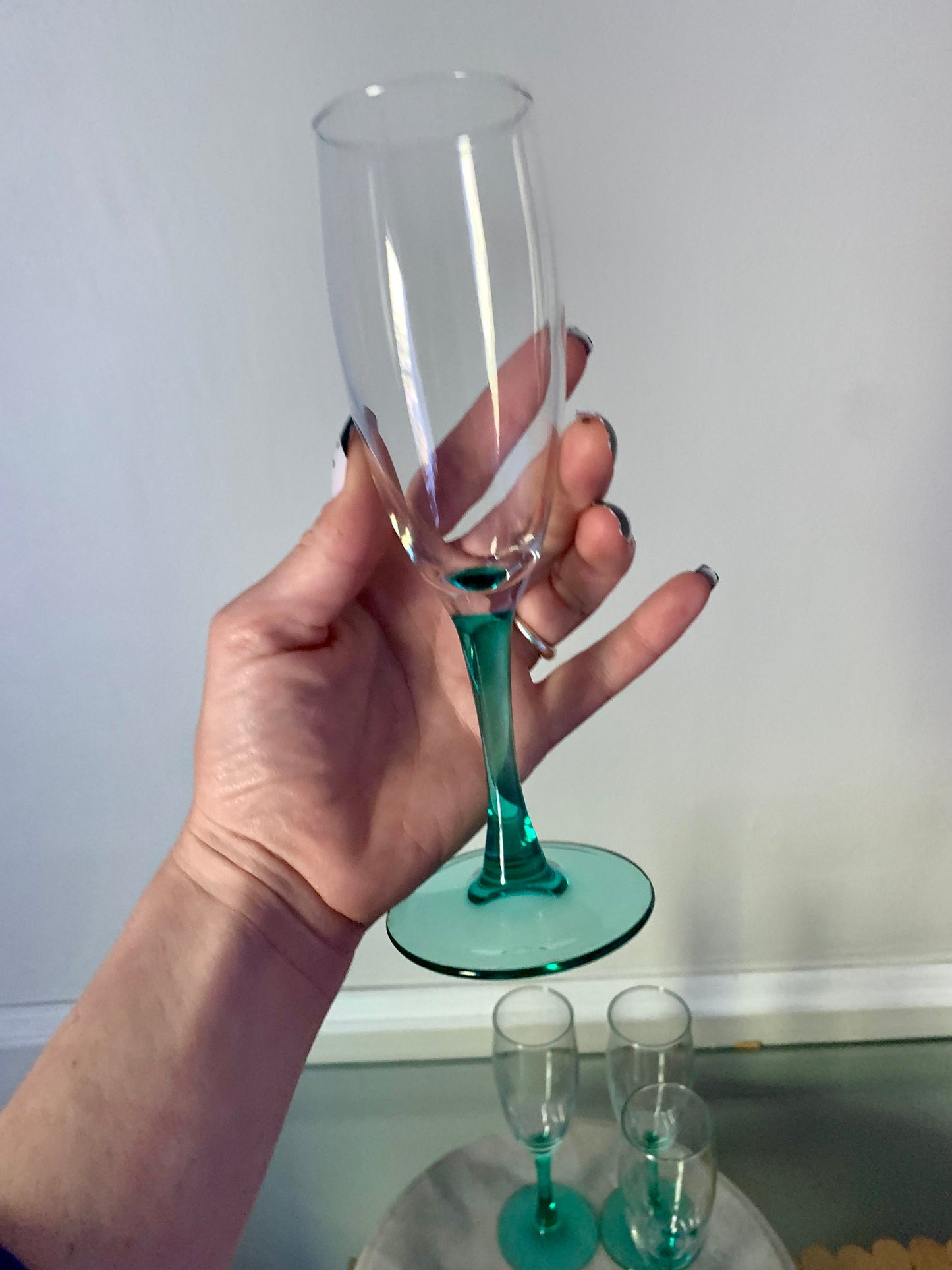 Vintage Set of 4 Teal Stem Champagne Flutes