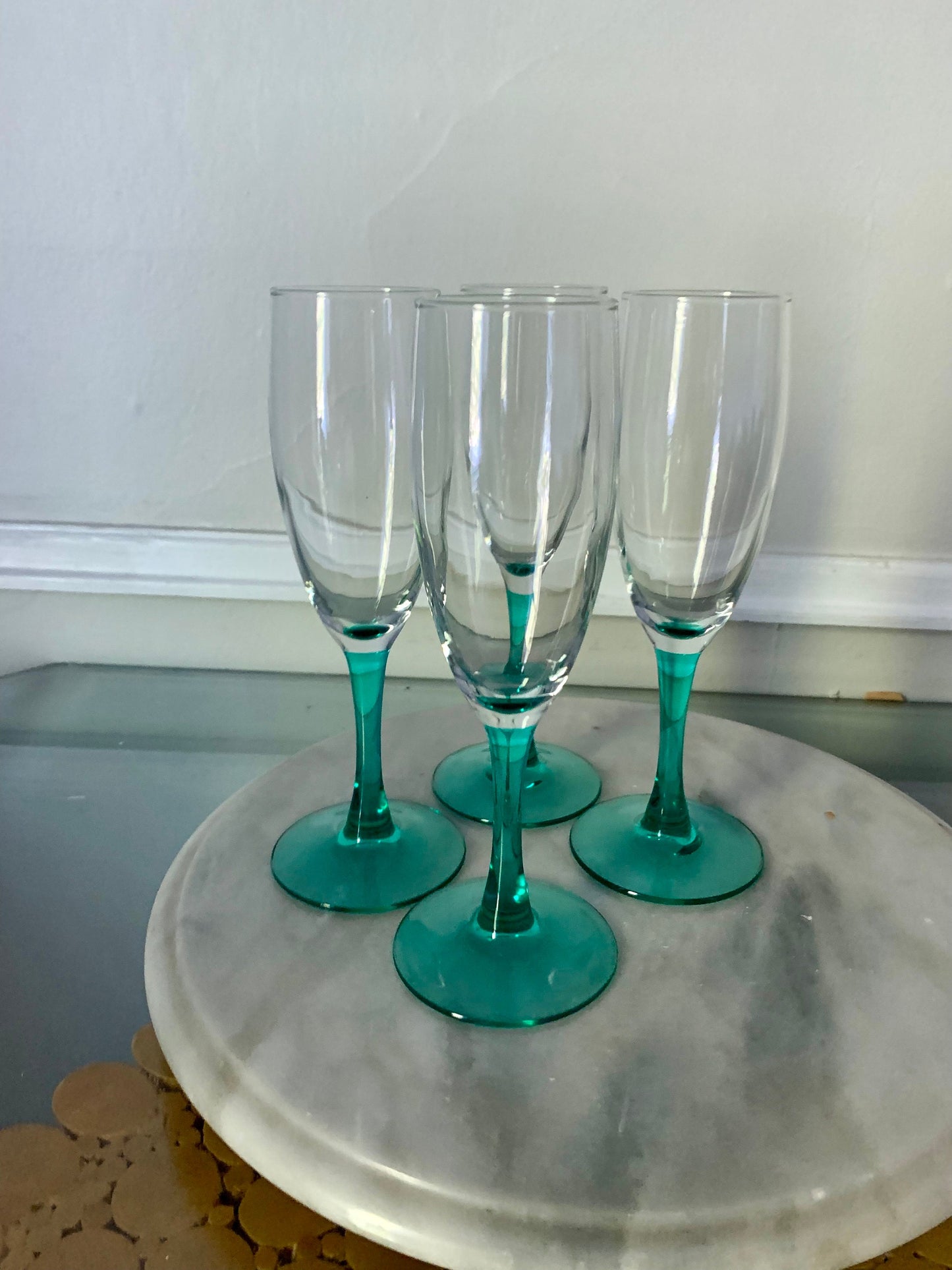 Vintage Set of 4 Teal Stem Champagne Flutes