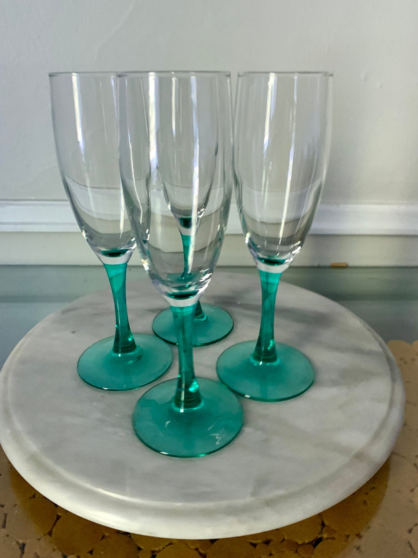 Vintage Set of 4 Teal Stem Champagne Flutes