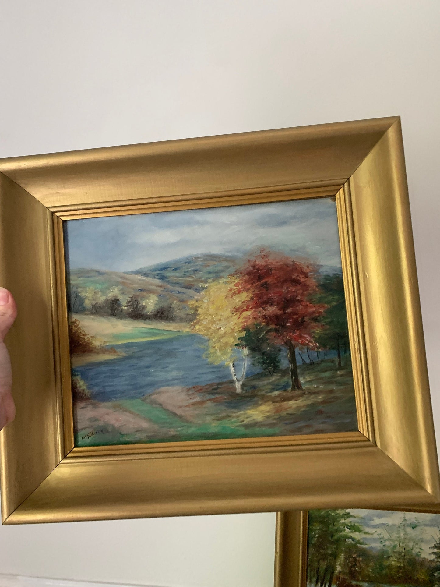 Pair of Medium Vintage Acrylic Landscape Paintings in Wood Frame