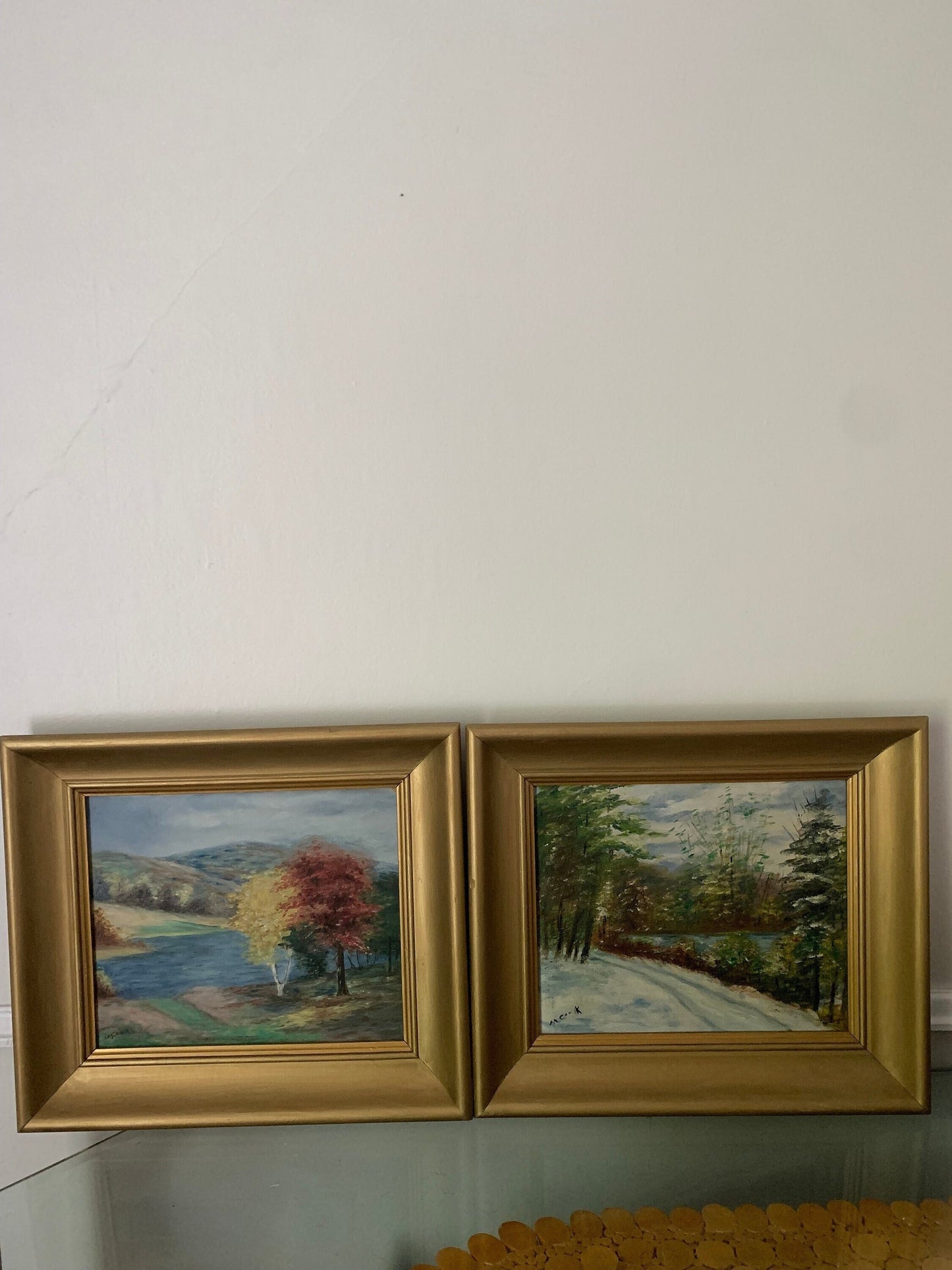 Pair of Medium Vintage Acrylic Landscape Paintings in Wood Frame