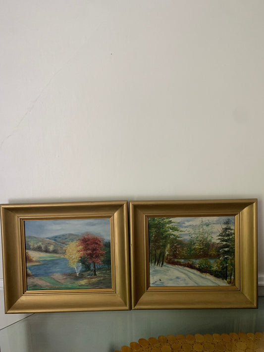 Pair of Medium Vintage Acrylic Landscape Paintings in Wood Frame