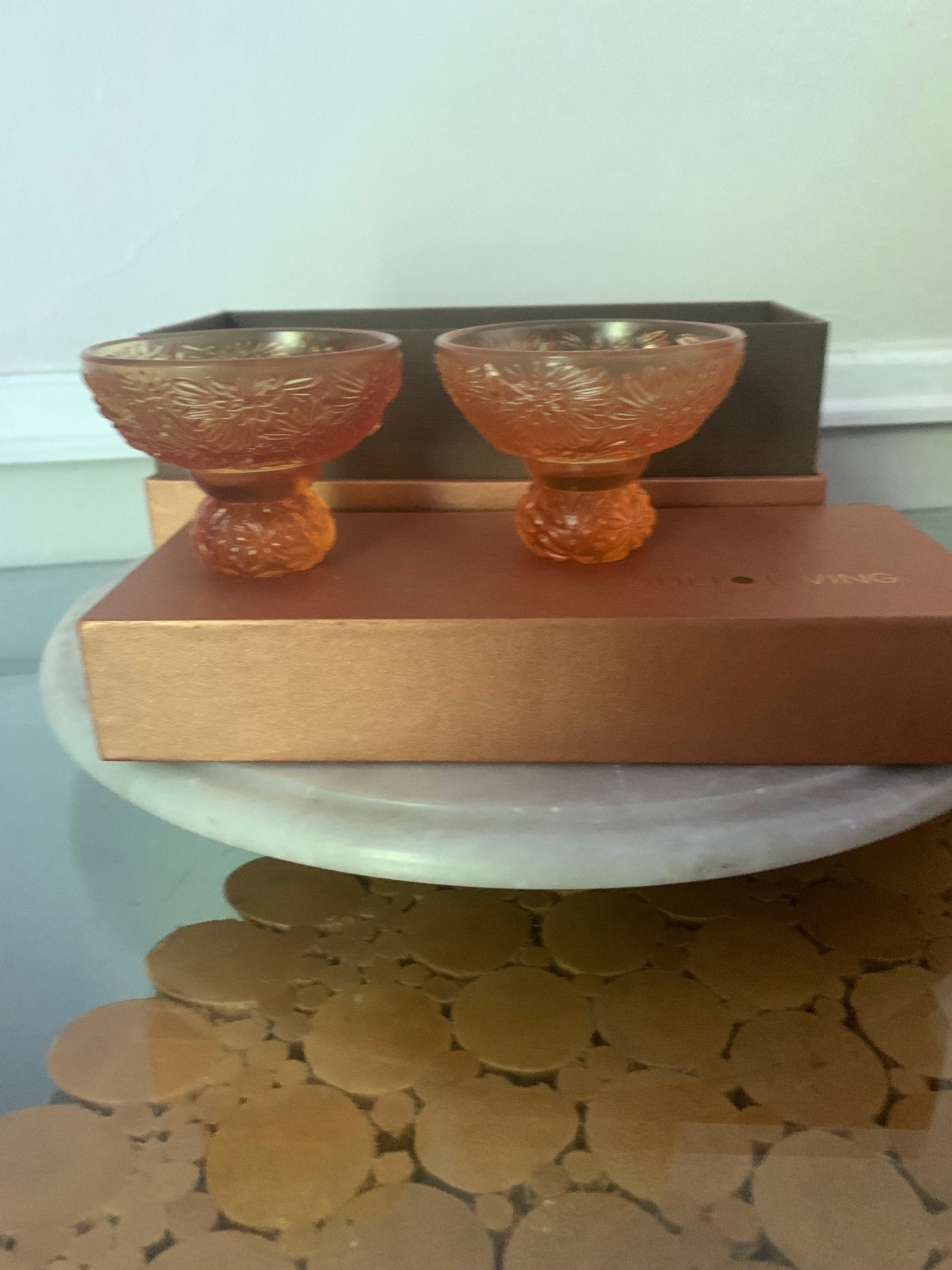 Pair of LIULI Amber Crystal Virtuous Chrysanthemum Glasses in Original Box