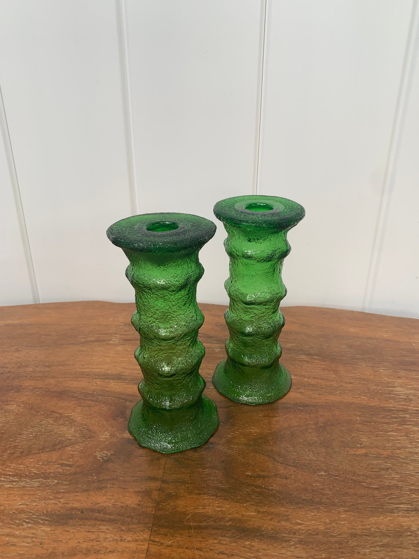 Pair of Vintage Textured Green Glass Vases Made in USA