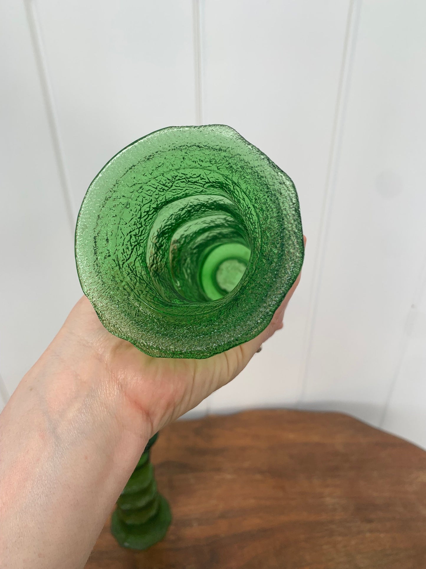 Pair of Vintage Textured Green Glass Vases Made in USA