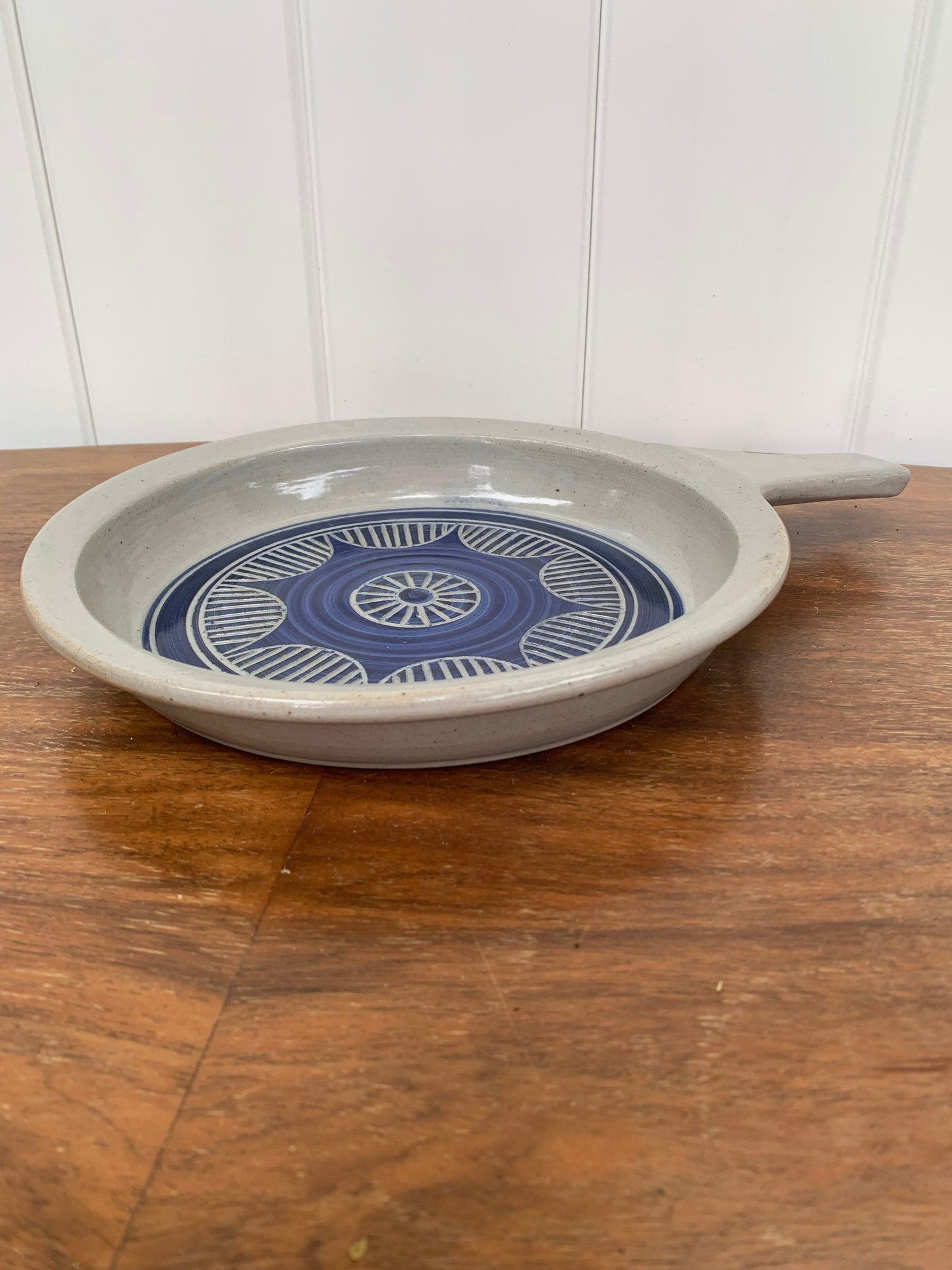 Large Handmade Gray and Blue Pottery Dish with Handle