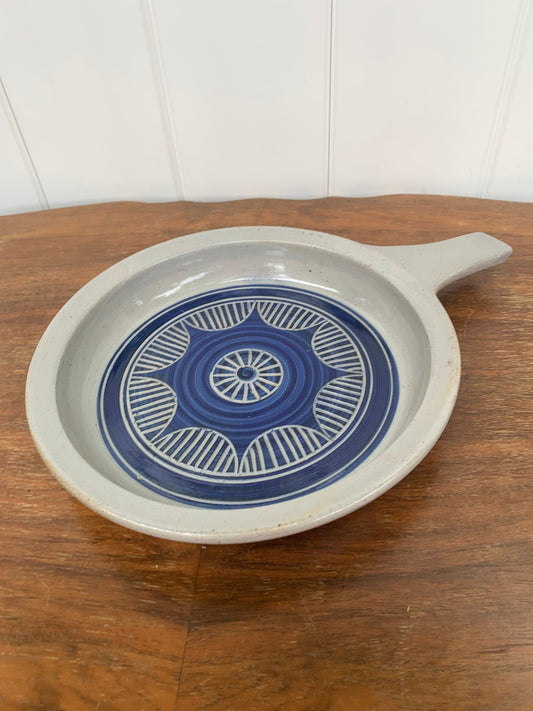 Large Handmade Gray and Blue Pottery Dish with Handle