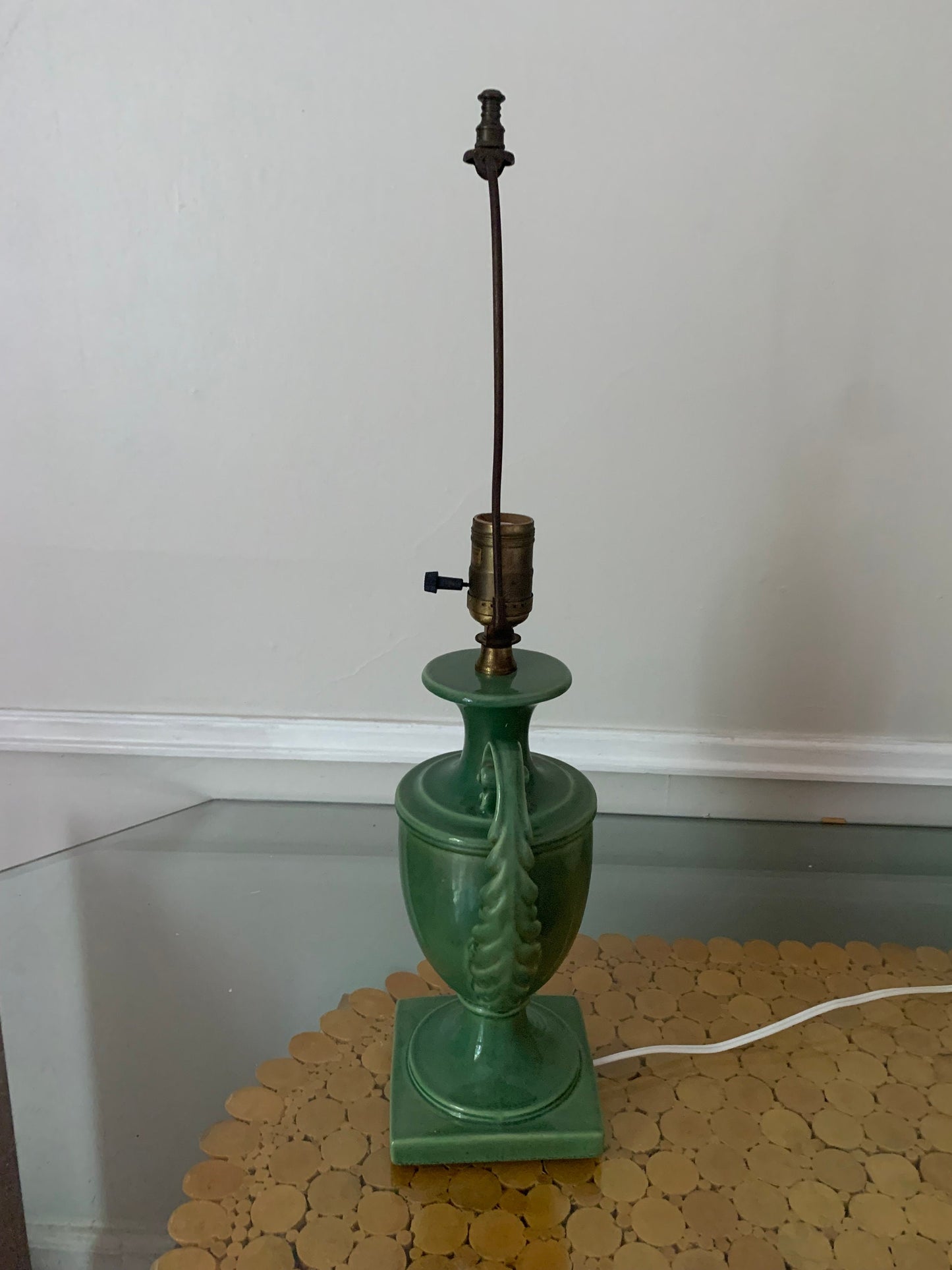 Antique Deep Green Pedestal Ceramic Lamp with Handles No Shade