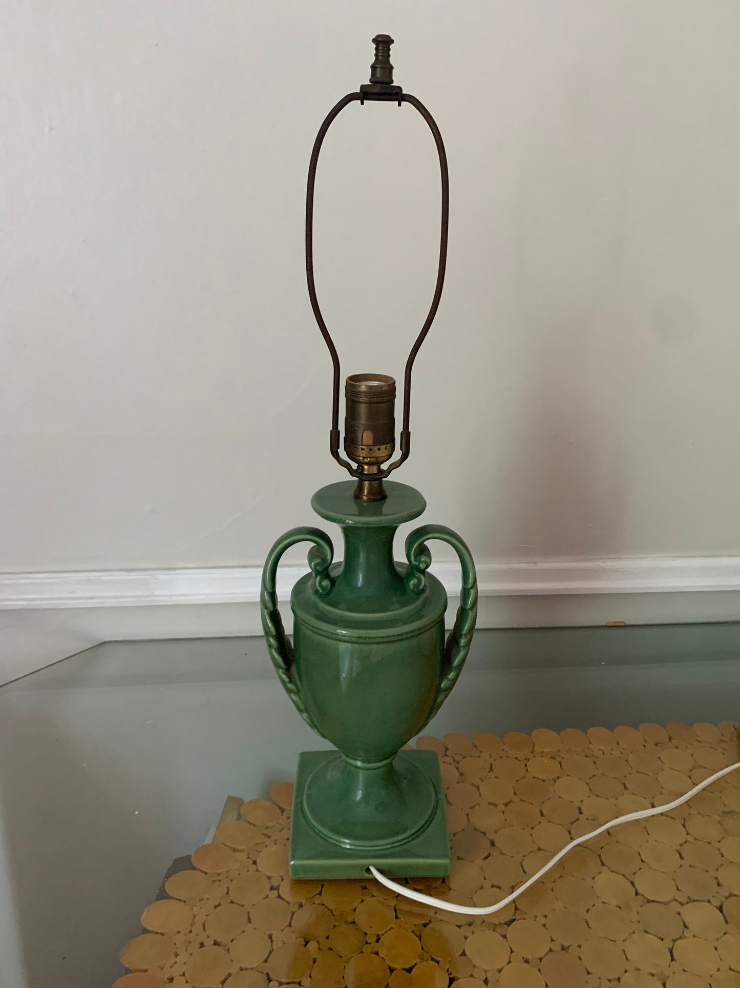 Antique Deep Green Pedestal Ceramic Lamp with Handles No Shade