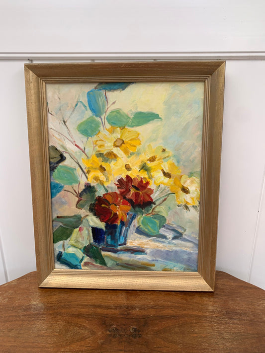 Vintage Large Bright Floral Painting in Gold Wood Frame