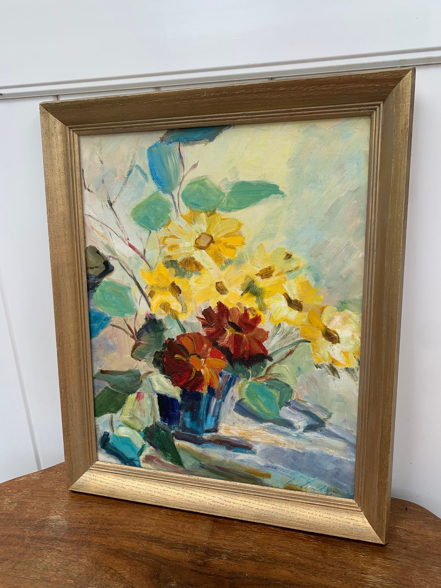 Vintage Large Bright Floral Painting in Gold Wood Frame