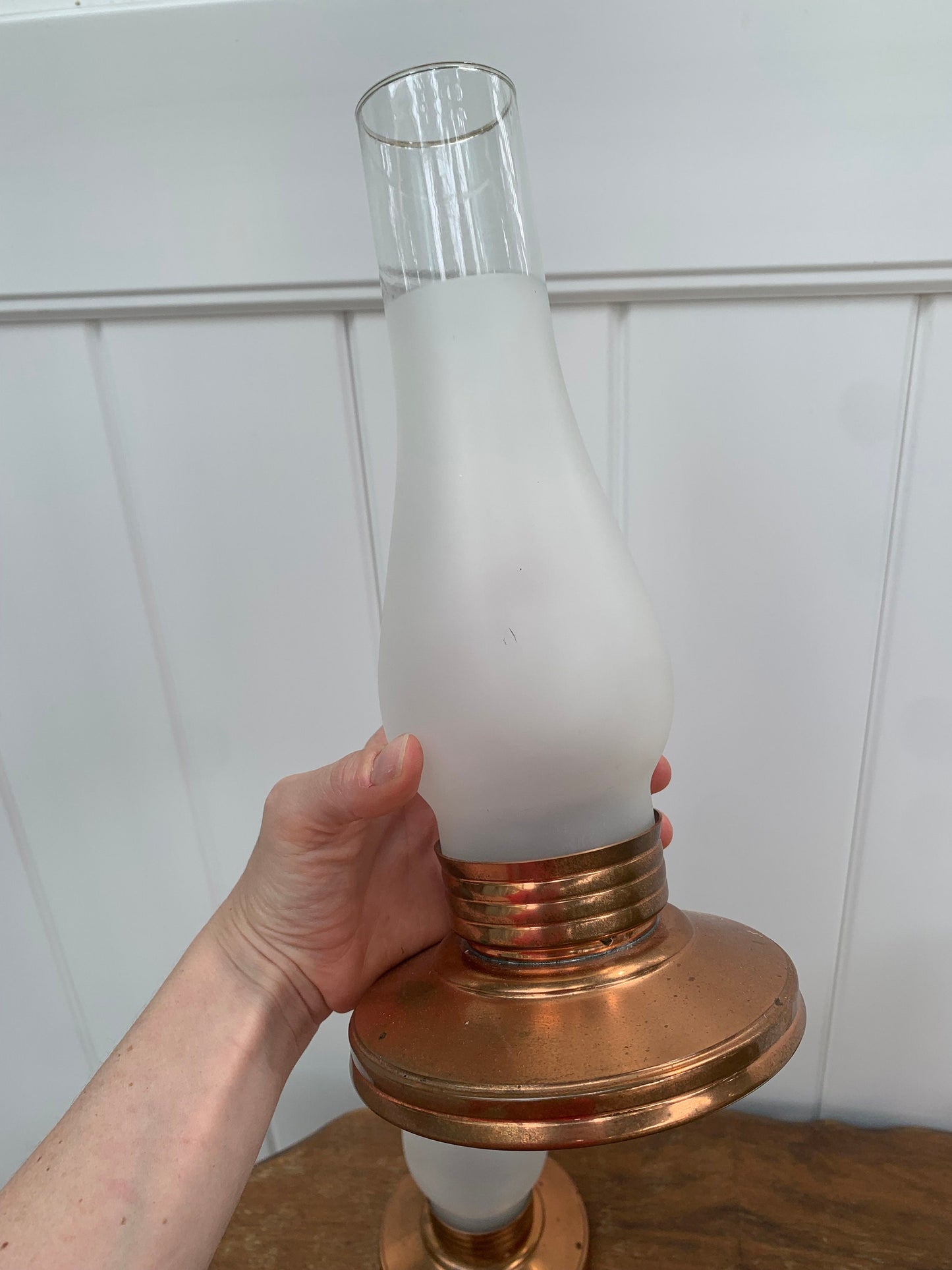 Pair of Vintage Venetian Copper Candle Holders and Frosted Glass Hurricane Shades