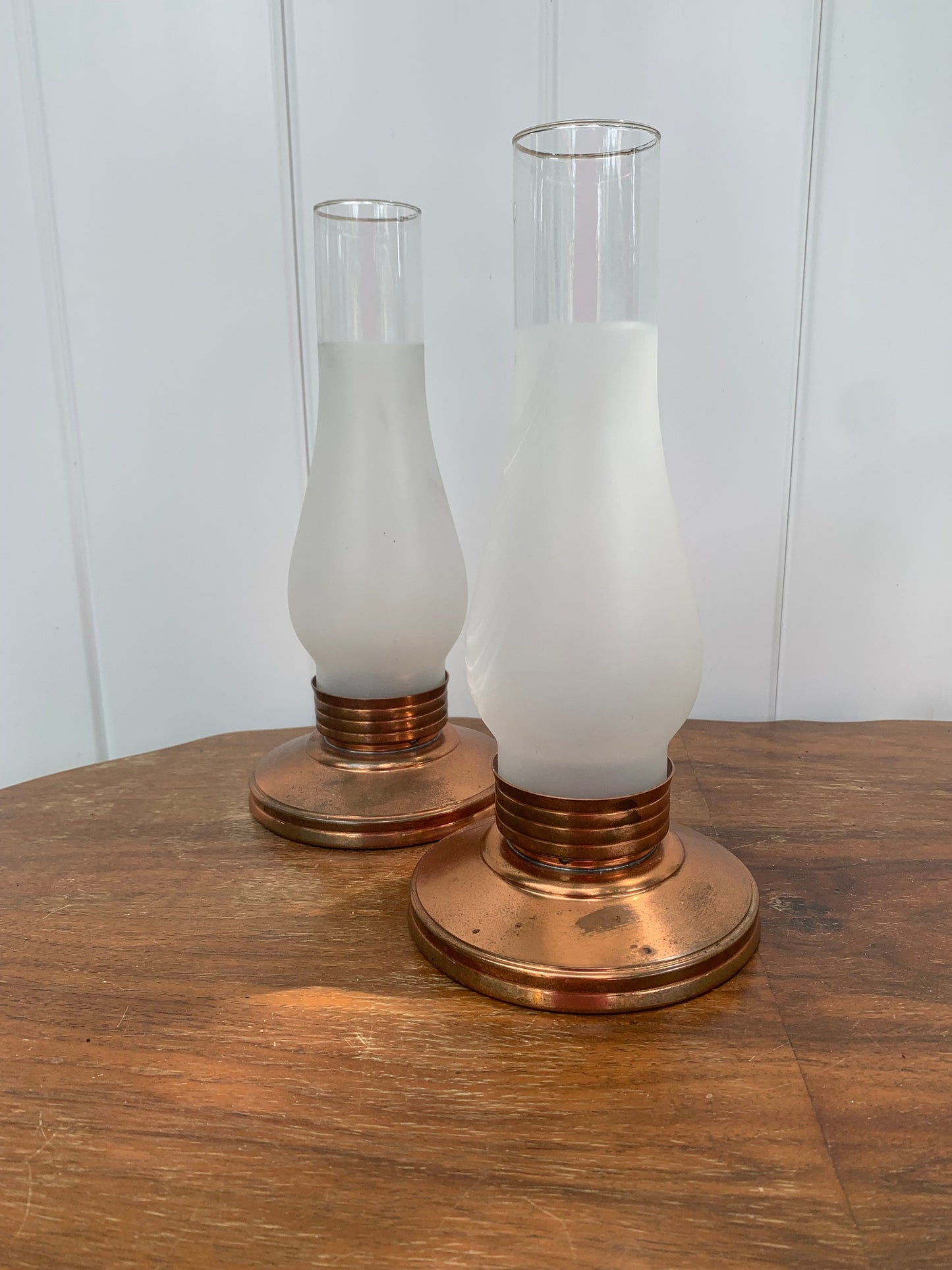 Pair of Vintage Venetian Copper Candle Holders and Frosted Glass Hurricane Shades