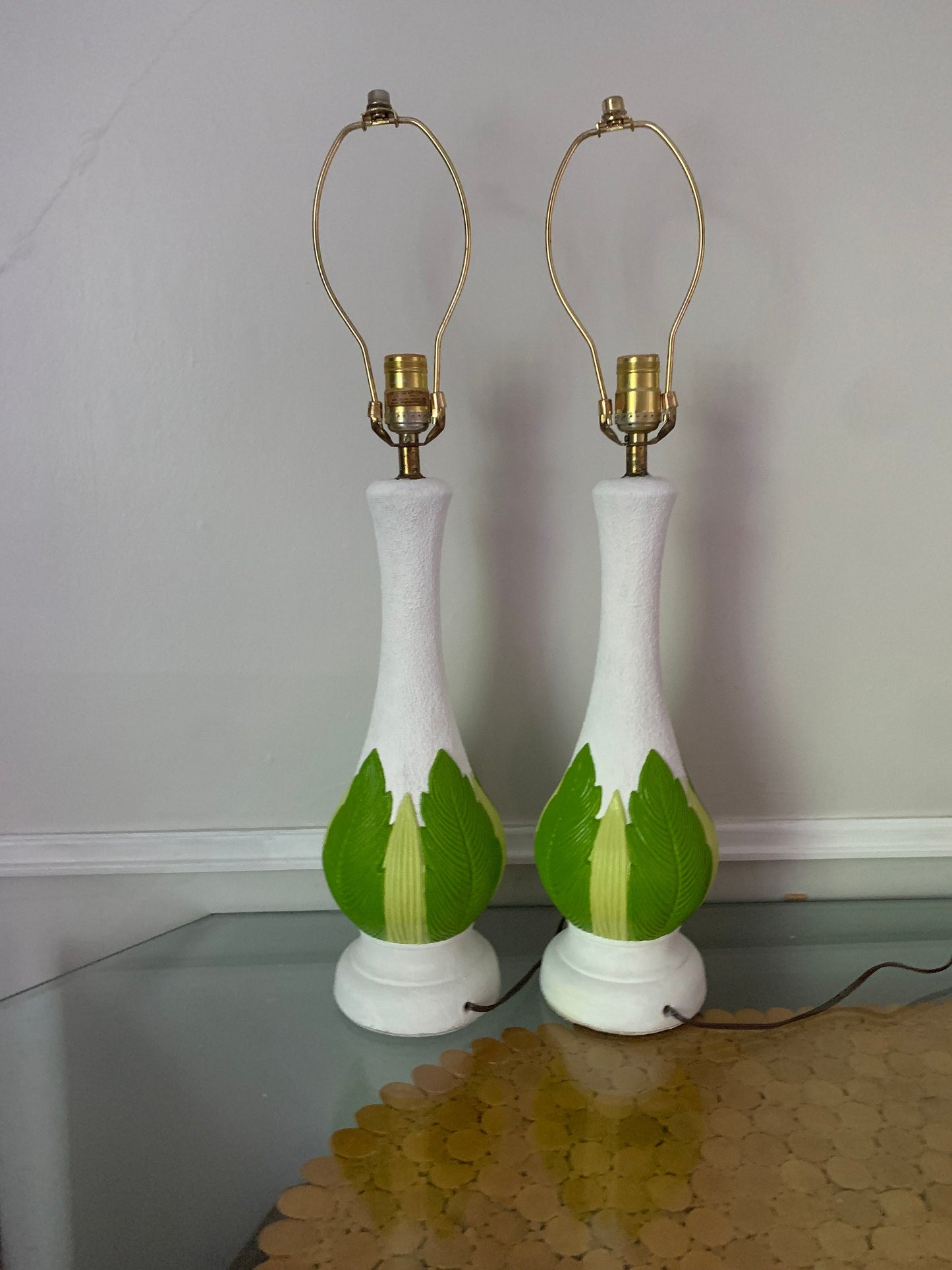 Pair of Tall MCM White Chalkware Table Lamps with Green Leaves No Shades
