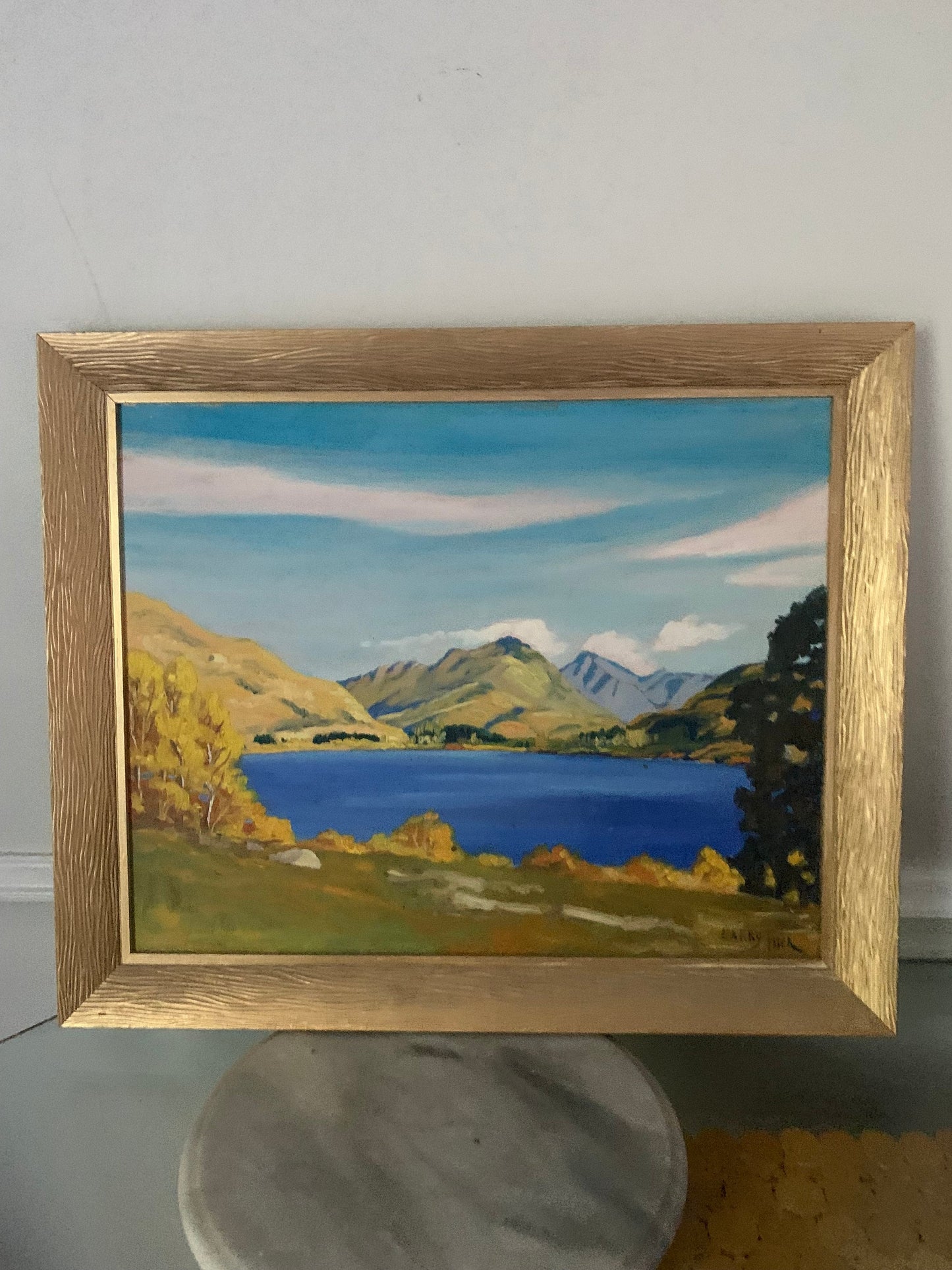 Vintage Bright Blue Medium Fall Scene in Gold Wood Frame