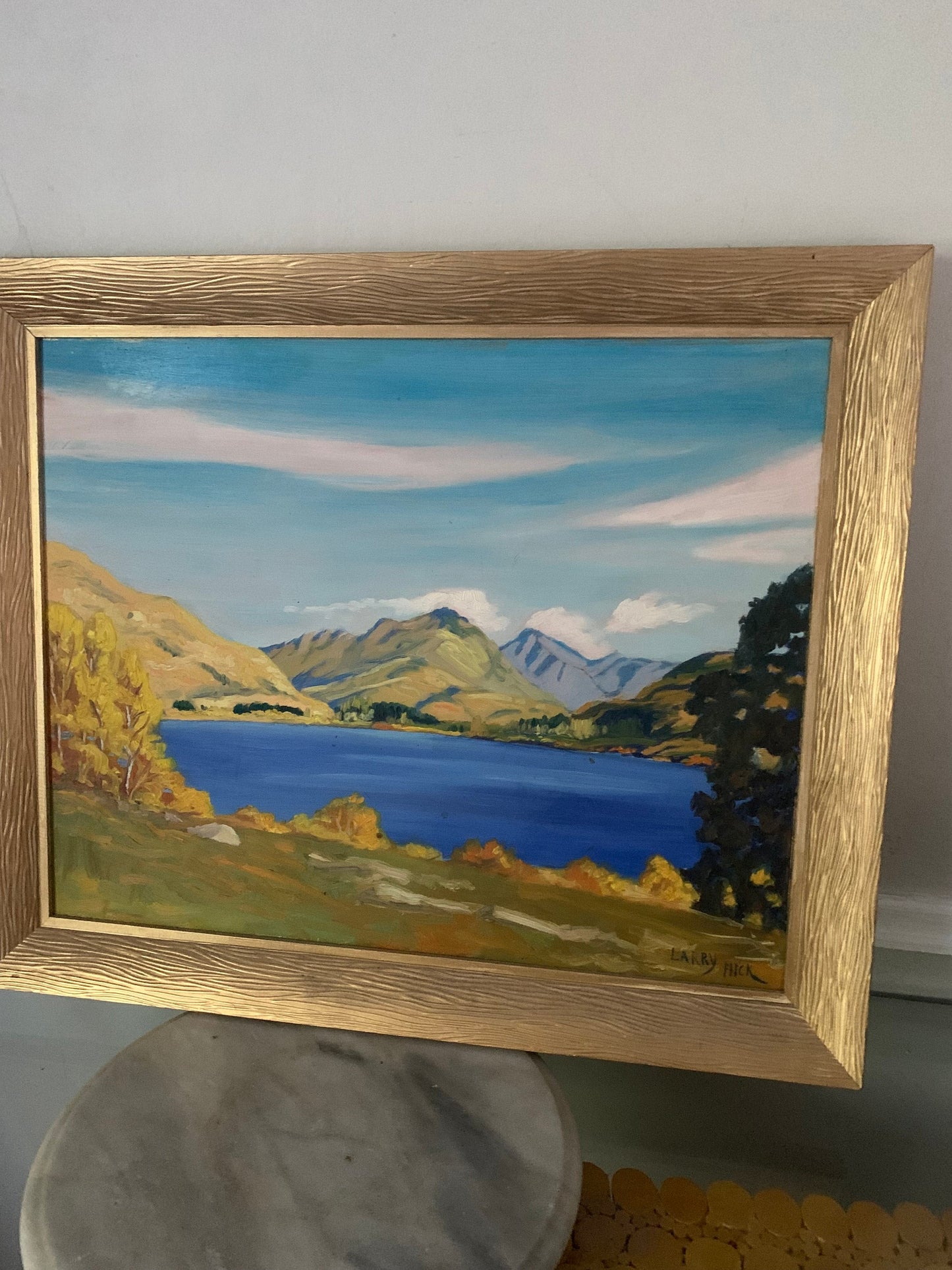 Vintage Bright Blue Medium Fall Scene in Gold Wood Frame