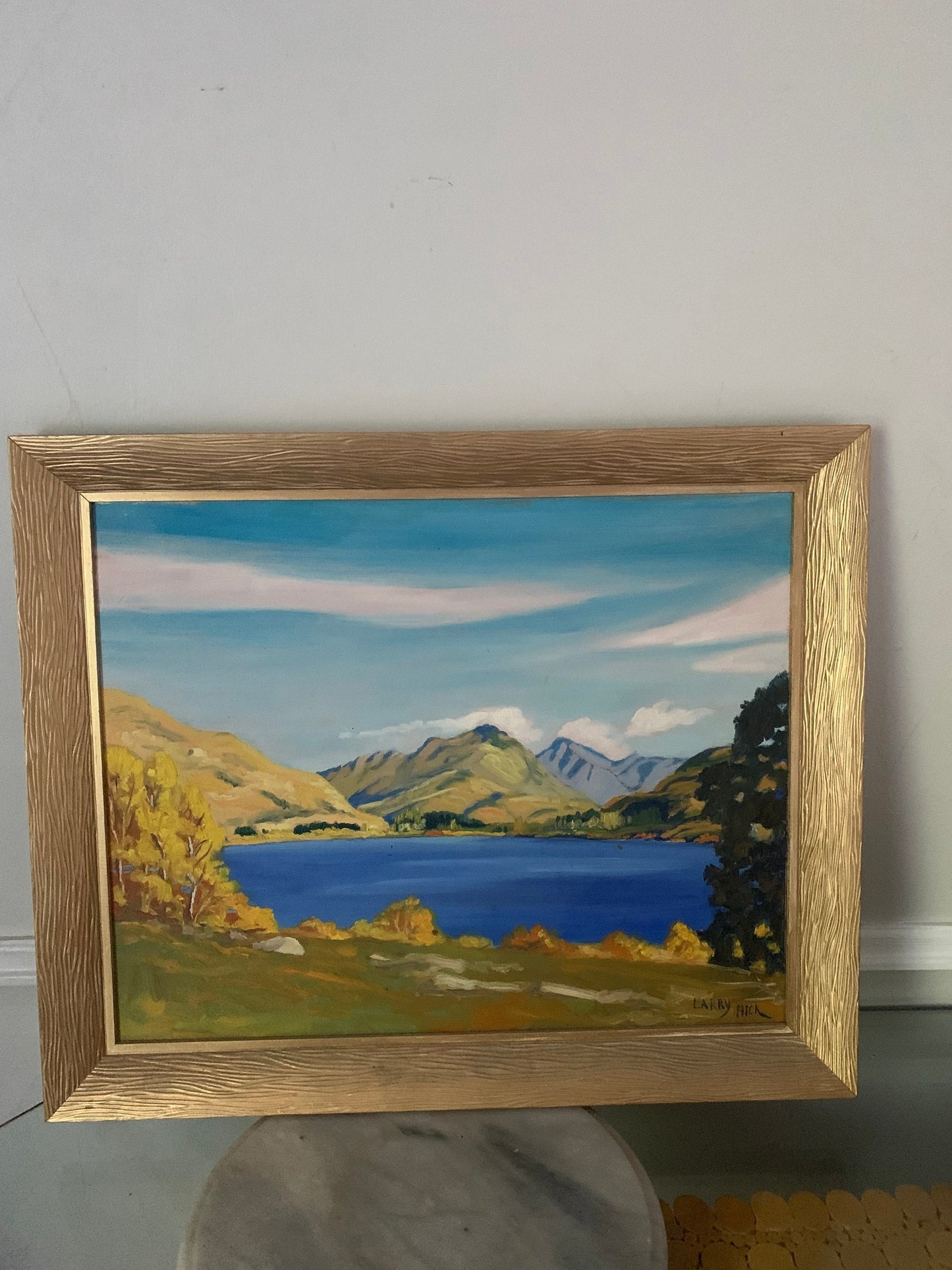 Vintage Bright Blue Medium Fall Scene in Gold Wood Frame