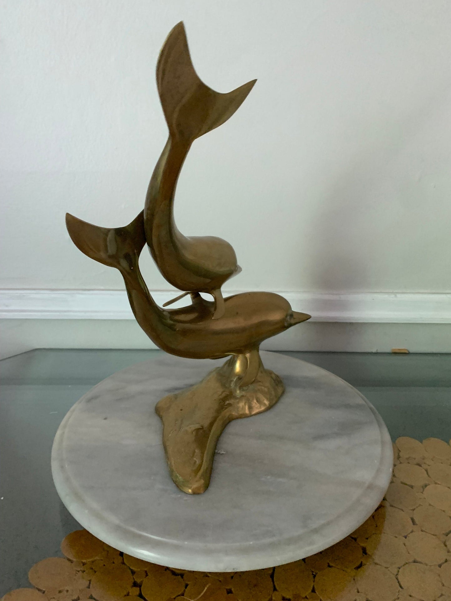 Large Vintage Pair of brass dolphins sculpture