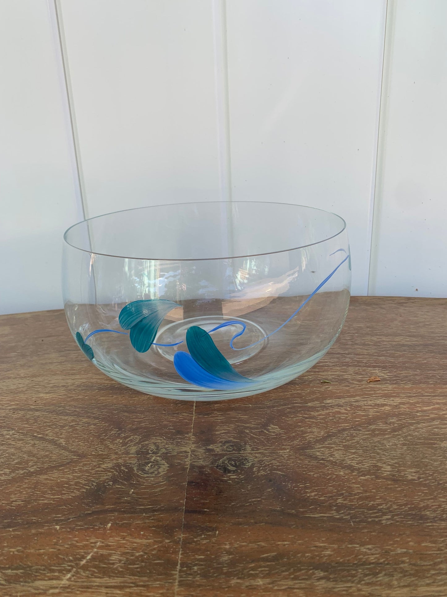 Vintage Hand Painted Blue and Green Leaf Glass Bowl