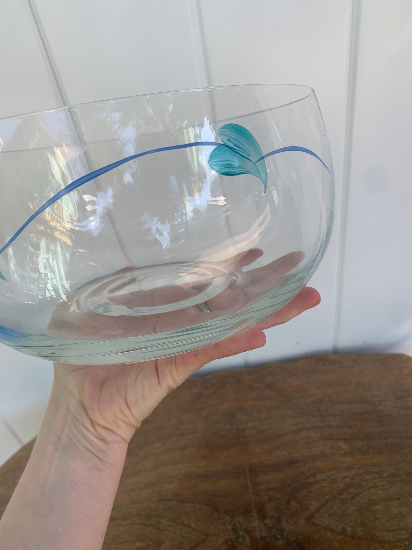 Vintage Hand Painted Blue and Green Leaf Glass Bowl