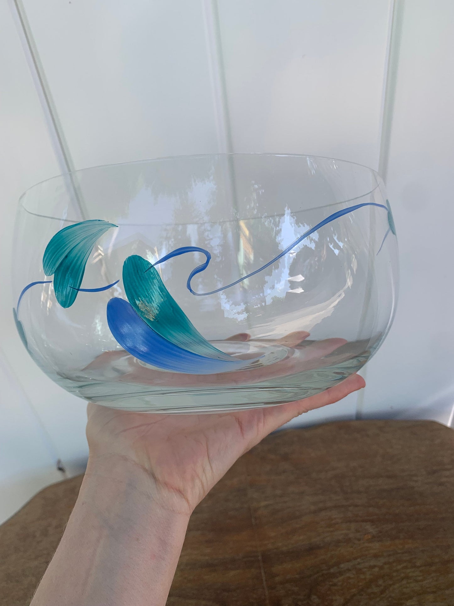 Vintage Hand Painted Blue and Green Leaf Glass Bowl