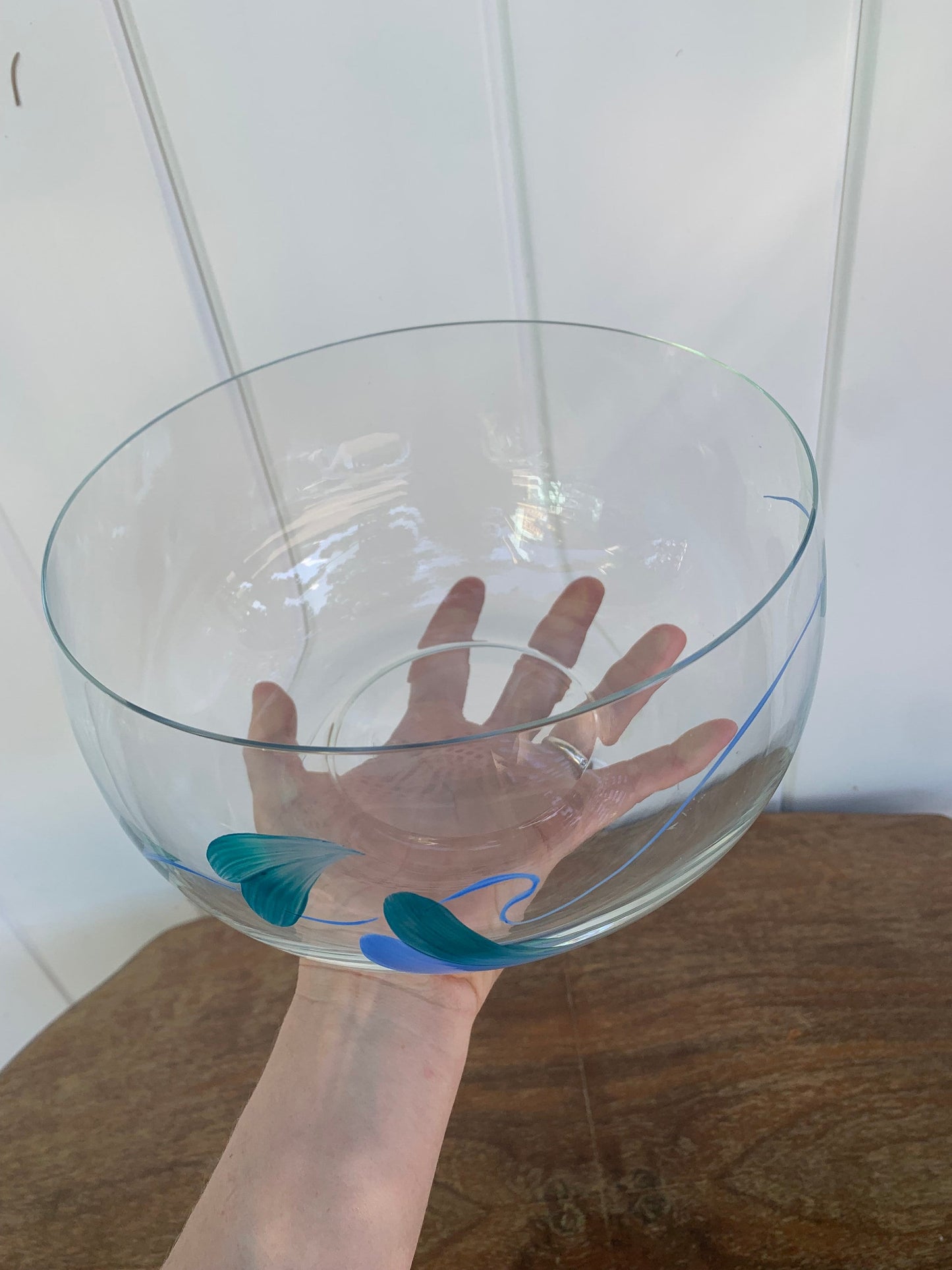 Vintage Hand Painted Blue and Green Leaf Glass Bowl