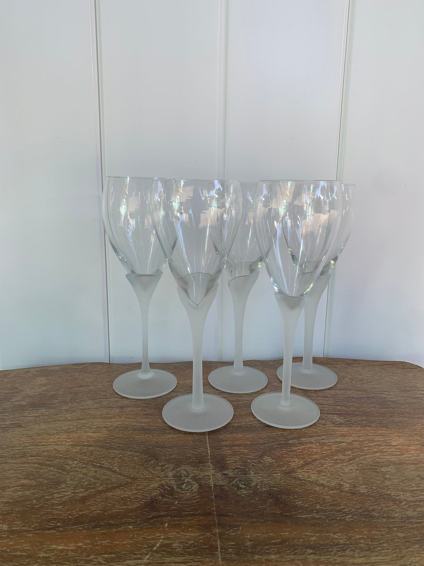 Vintage Set of 5 Tall Frosted Stem Wine Glasses