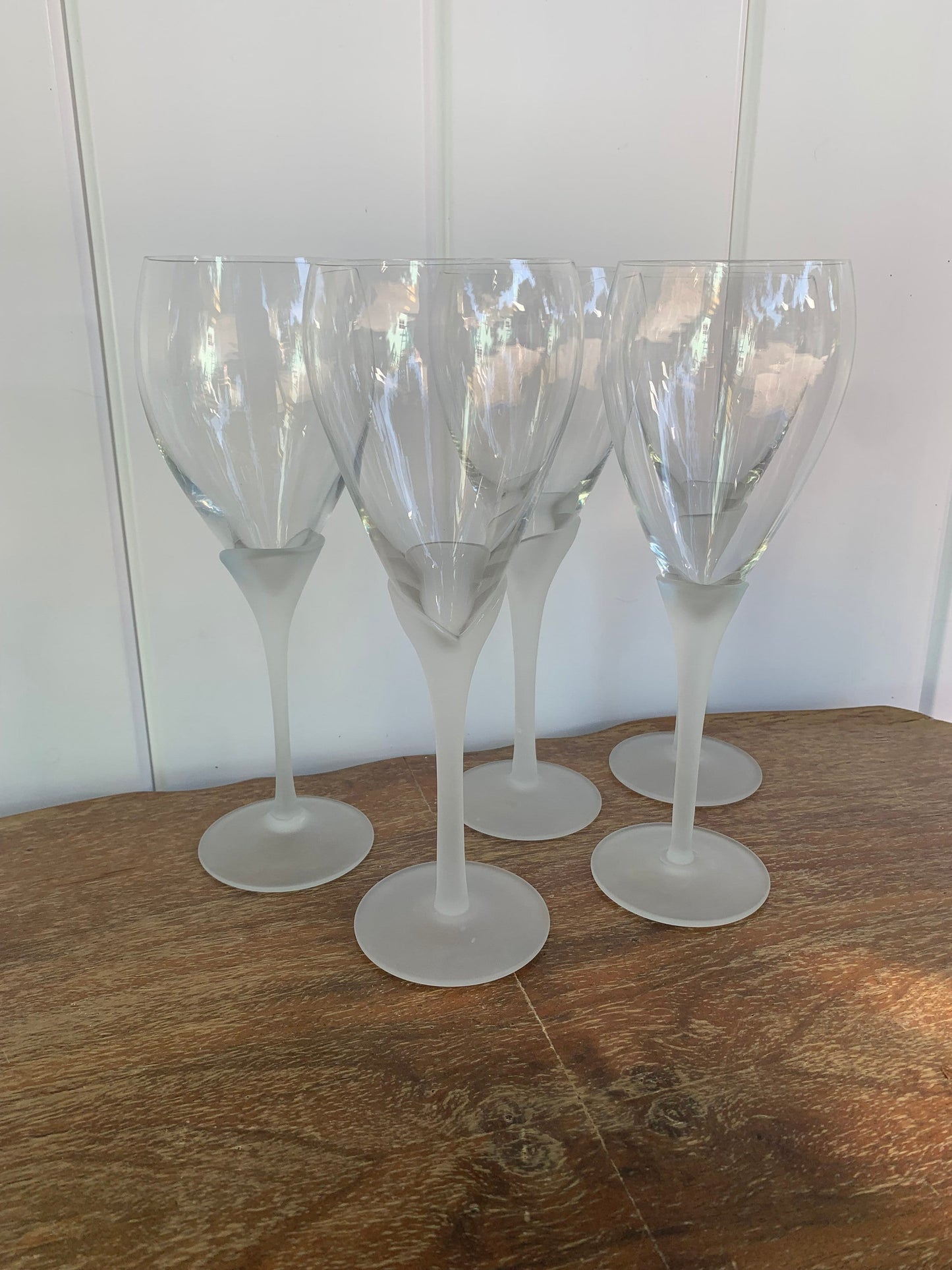 Vintage Set of 5 Tall Frosted Stem Wine Glasses