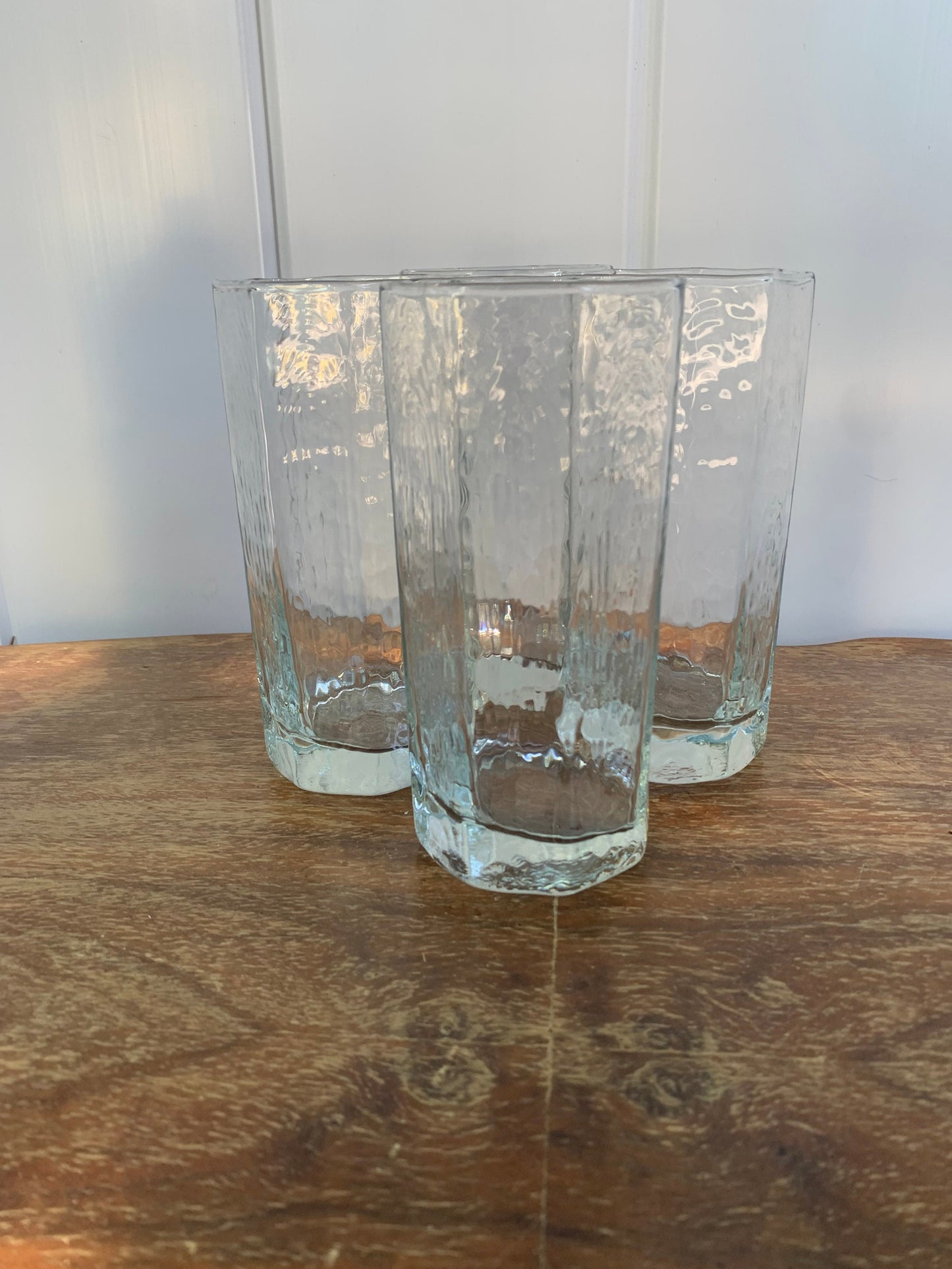 Set of 4 Retro Tall Clear Octagonal Hammered Drinking Glasses