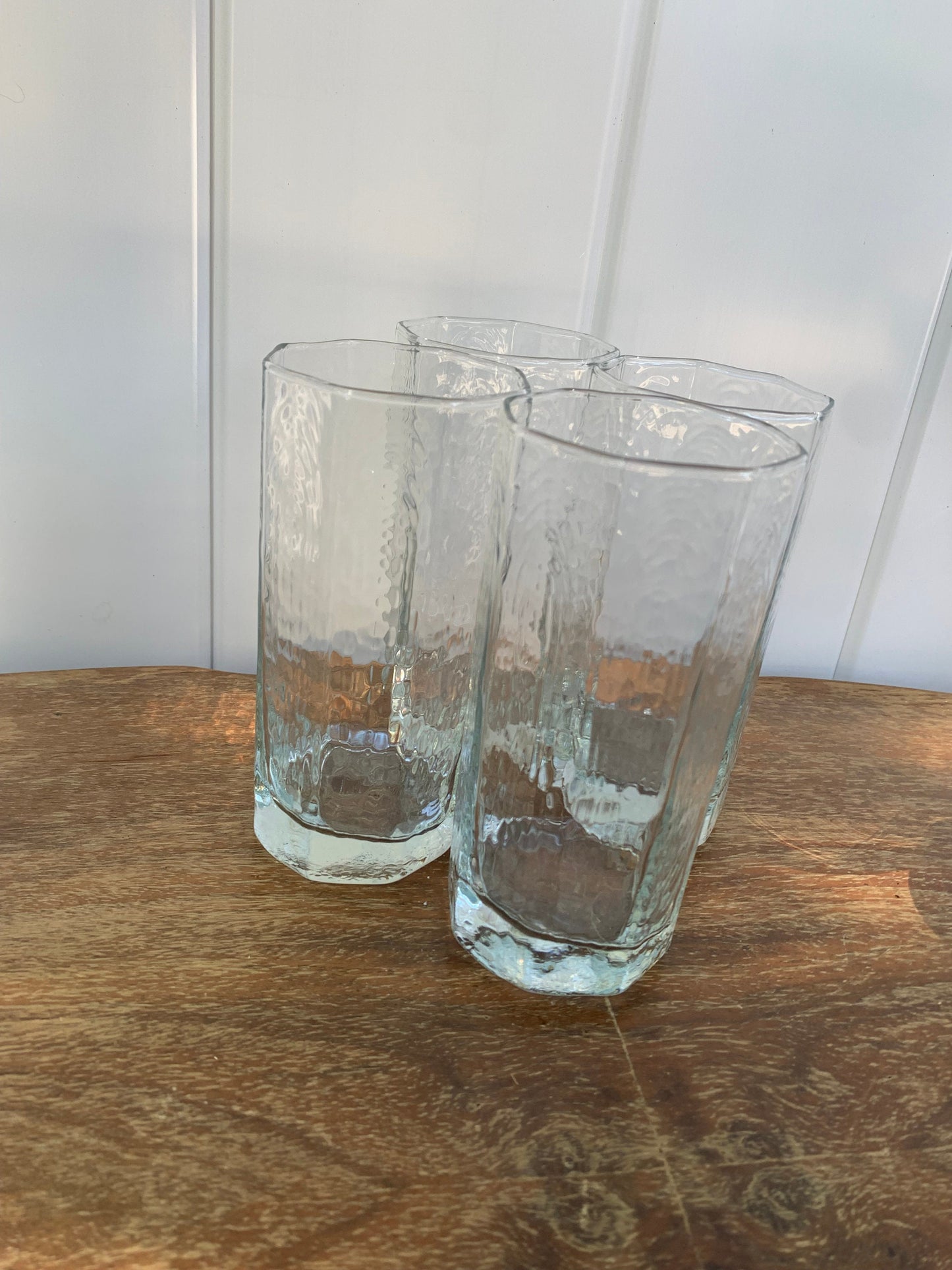 Set of 4 Retro Tall Clear Octagonal Hammered Drinking Glasses