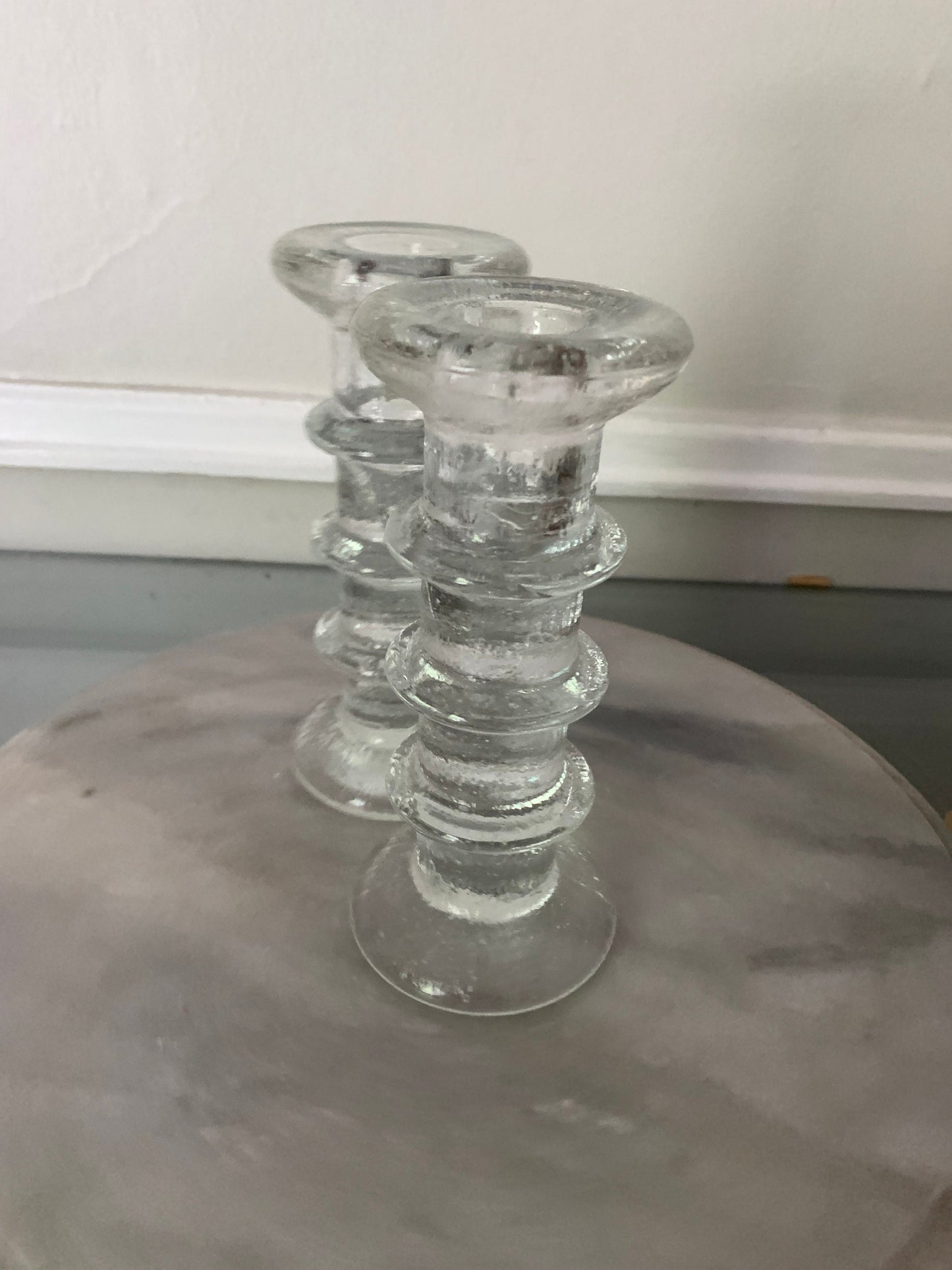 Pair of MCM Scandinavian 3 Ring Crystal Candle Holder