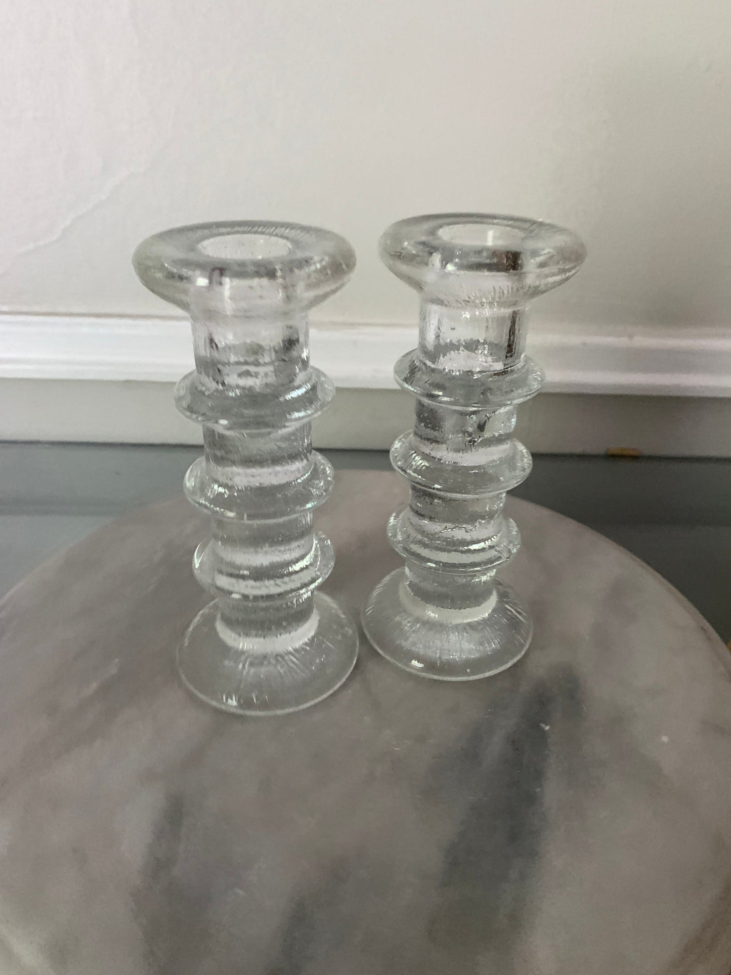 Pair of MCM Scandinavian 3 Ring Crystal Candle Holder