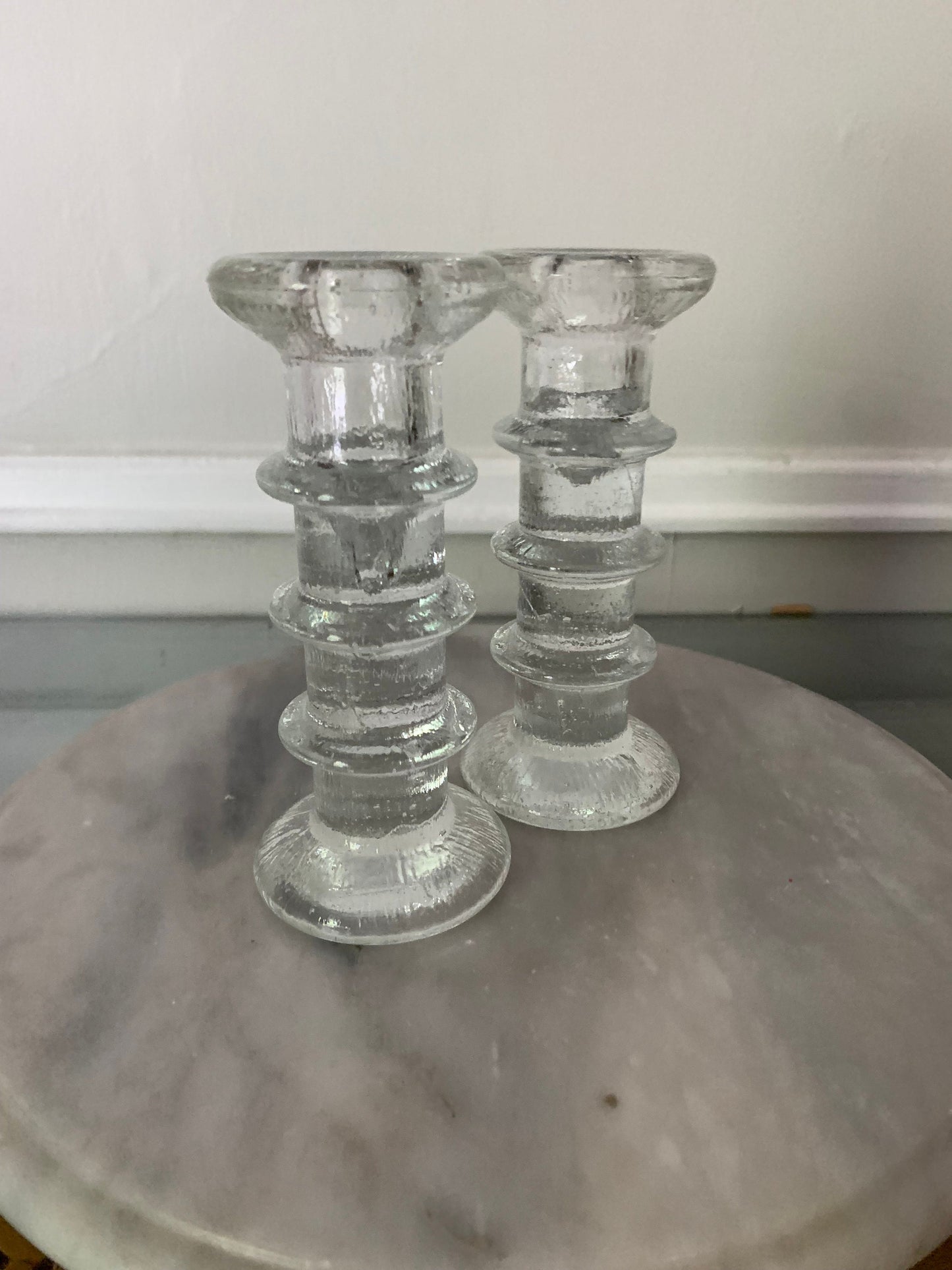 Pair of MCM Scandinavian 3 Ring Crystal Candle Holder