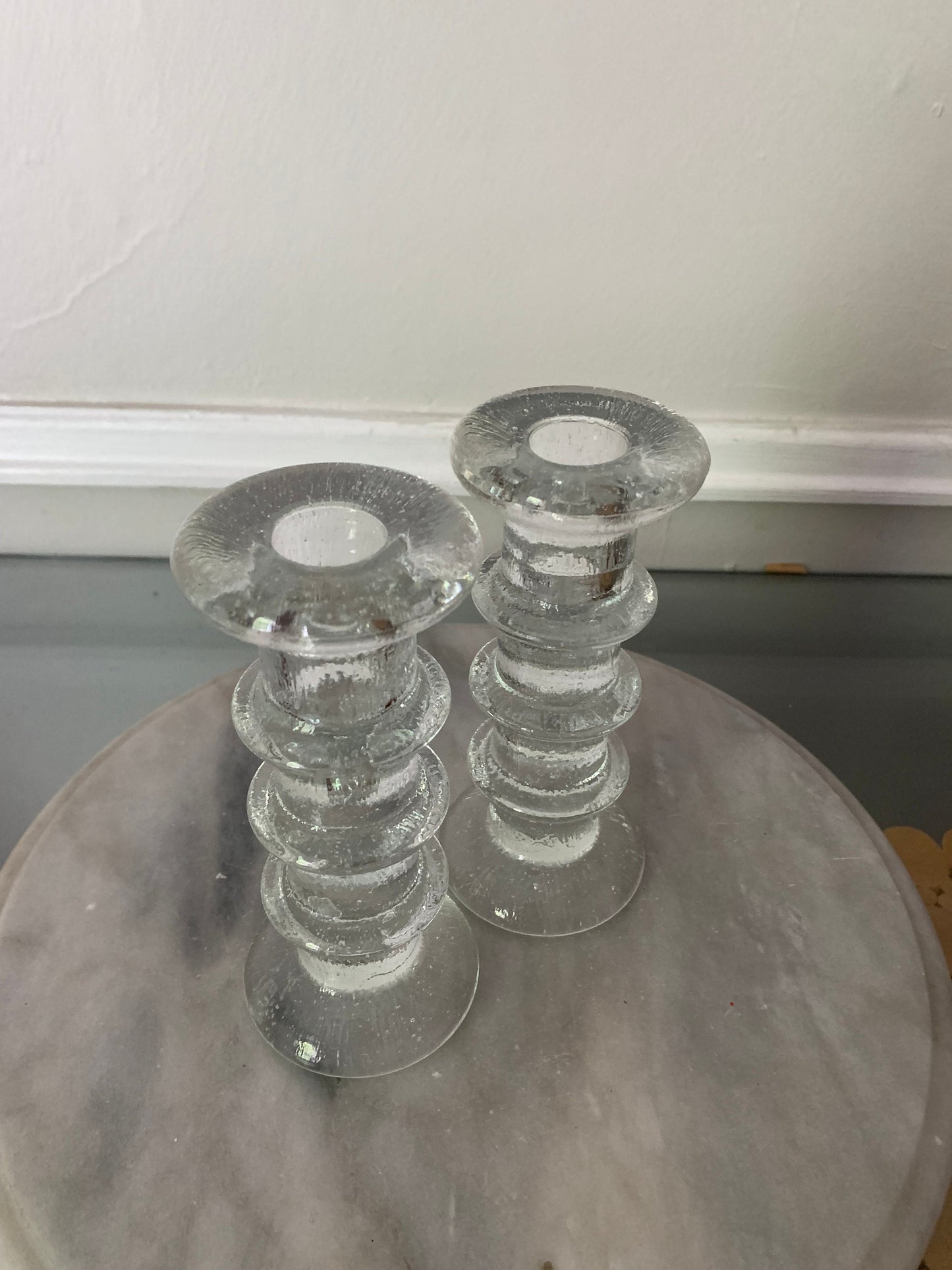 Pair of MCM Scandinavian 3 Ring Crystal Candle Holder