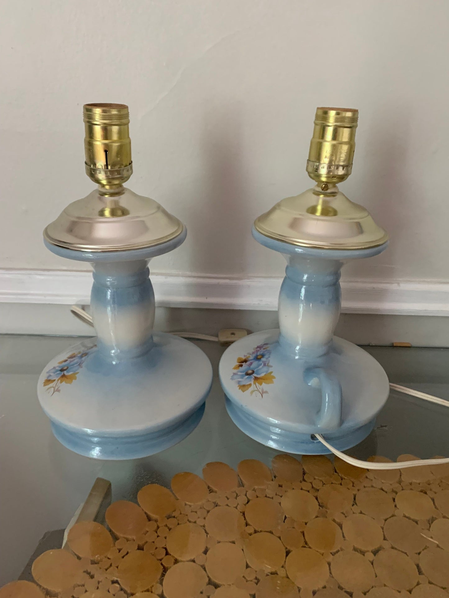 Pair of Small Vintage Soft Blue Ceramic Table Lamps No Shades